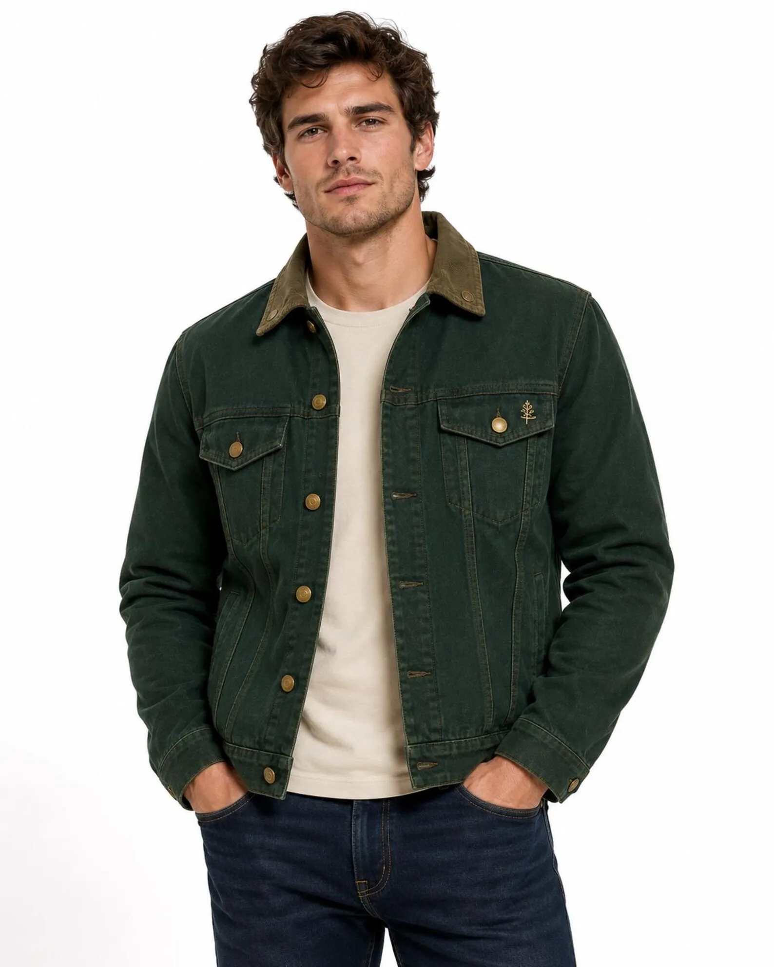 men's green denim trucker jacket front view corduroy collar