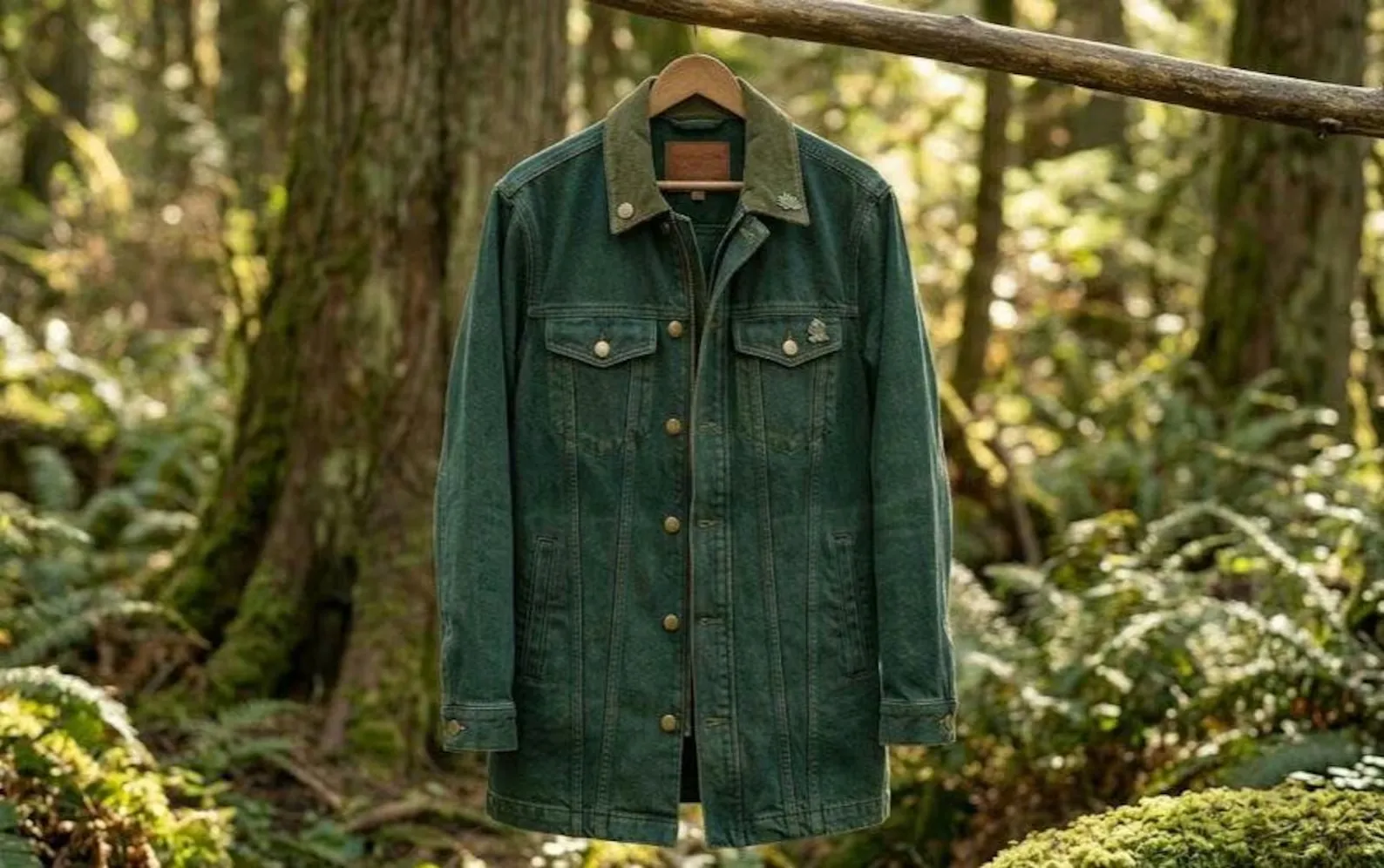 men's green denim trucker jacket hanging front view