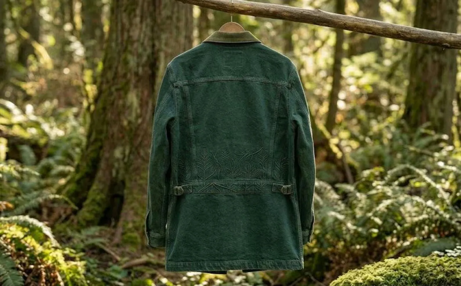 men's green denim trucker jacket back embroidered detail
