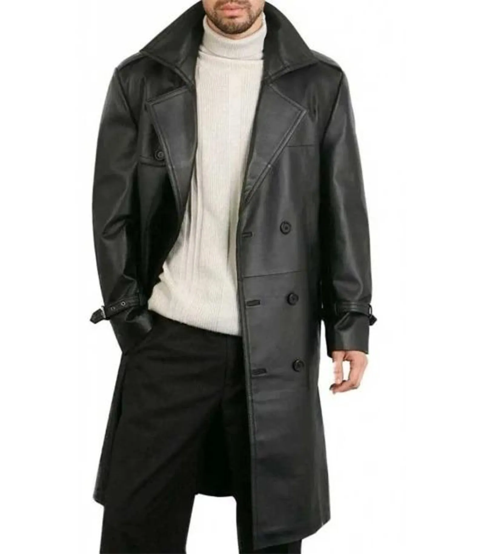 men's black leather trench coat front view double breasted