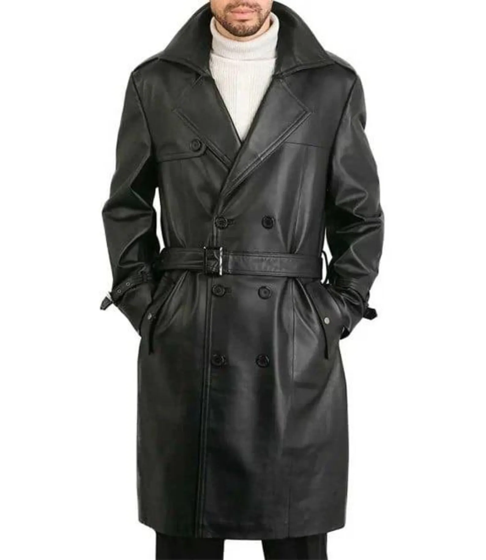 men's black leather trench coat belted waist front view