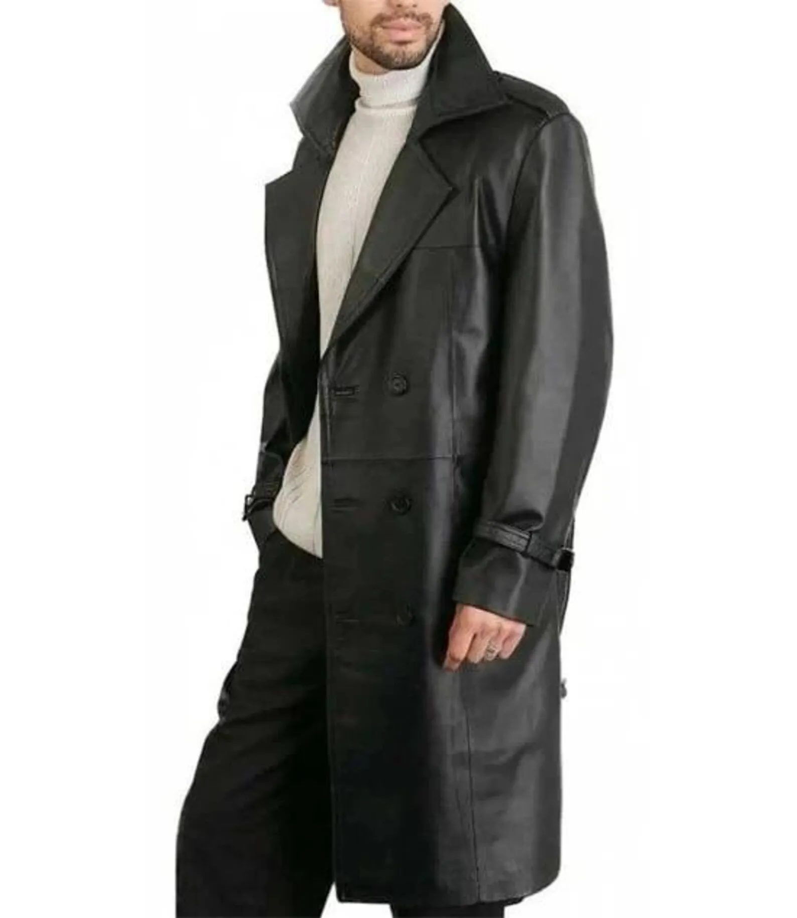 men's black leather trench coat side profile view