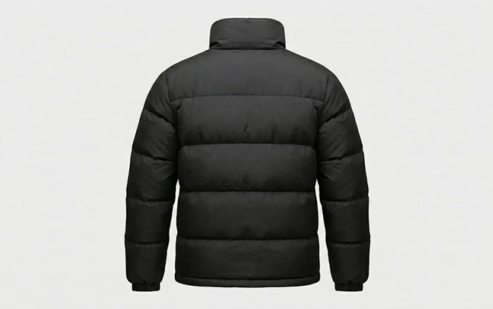 men's matte black puffer jacket back view baffle stitching