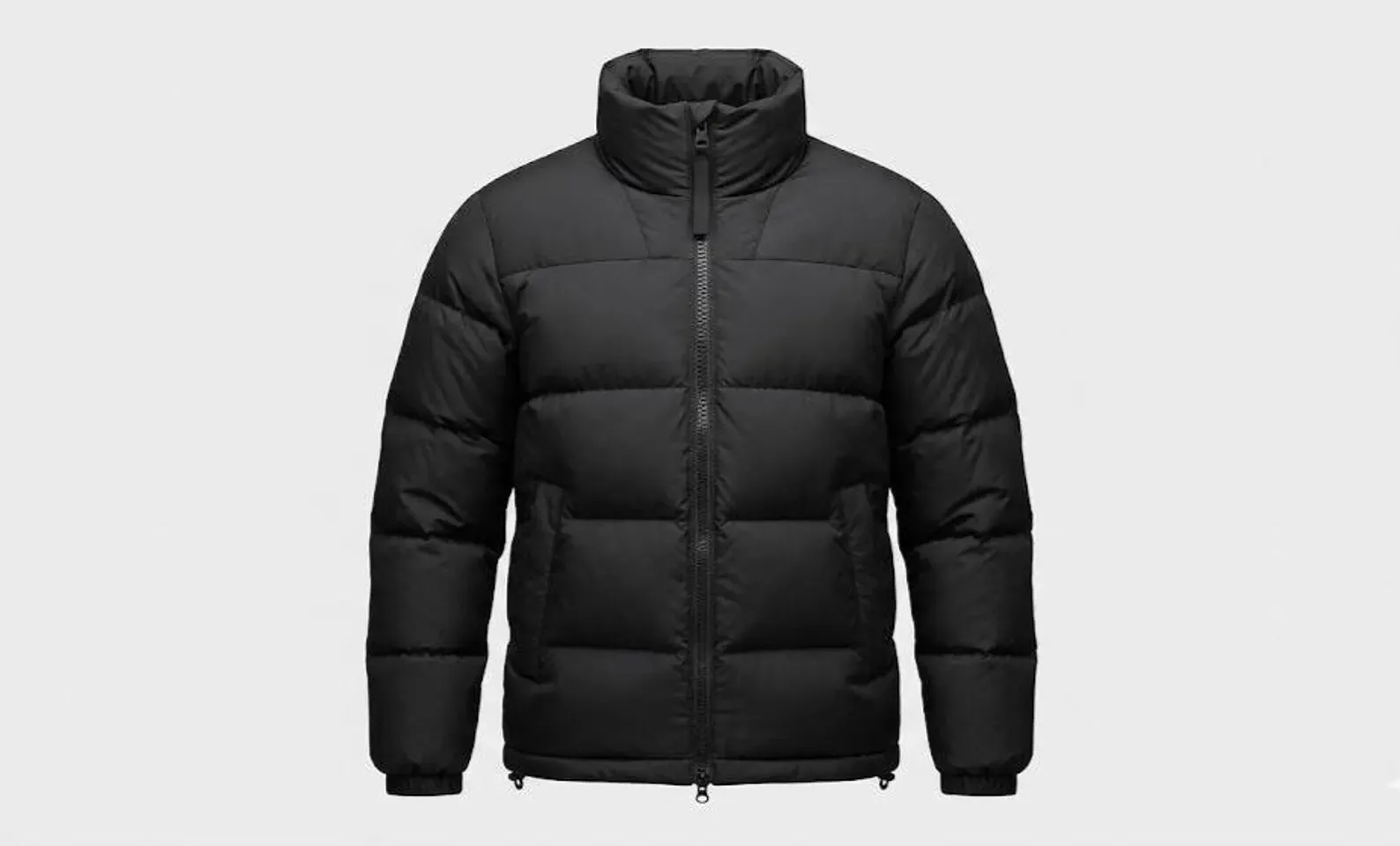 men's matte black puffer jacket front view zip closure