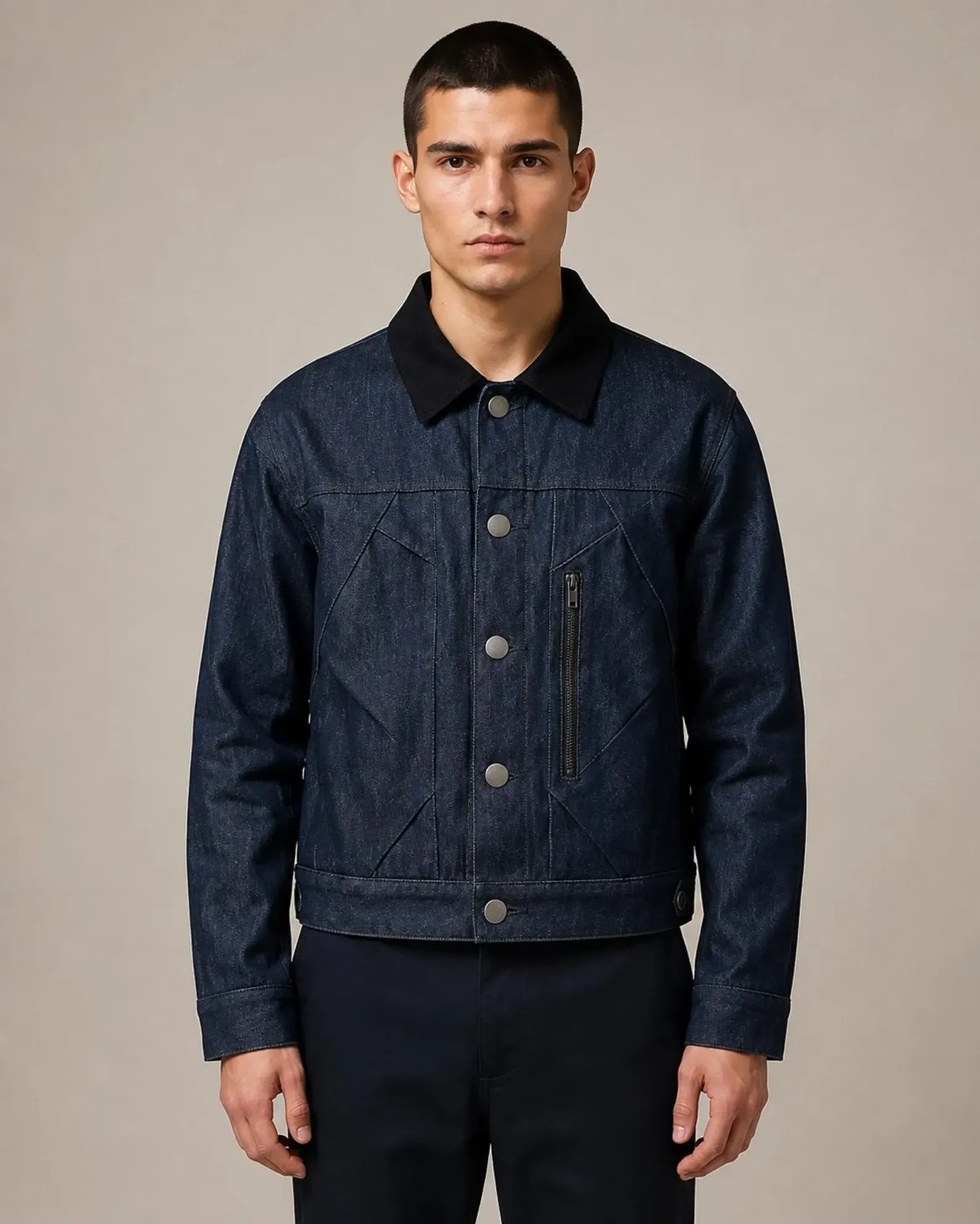 men's indigo denim jacket front view black collar