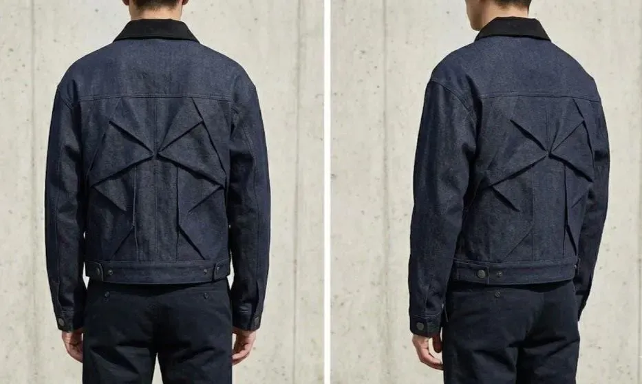 men's indigo denim jacket back pleated panel detail