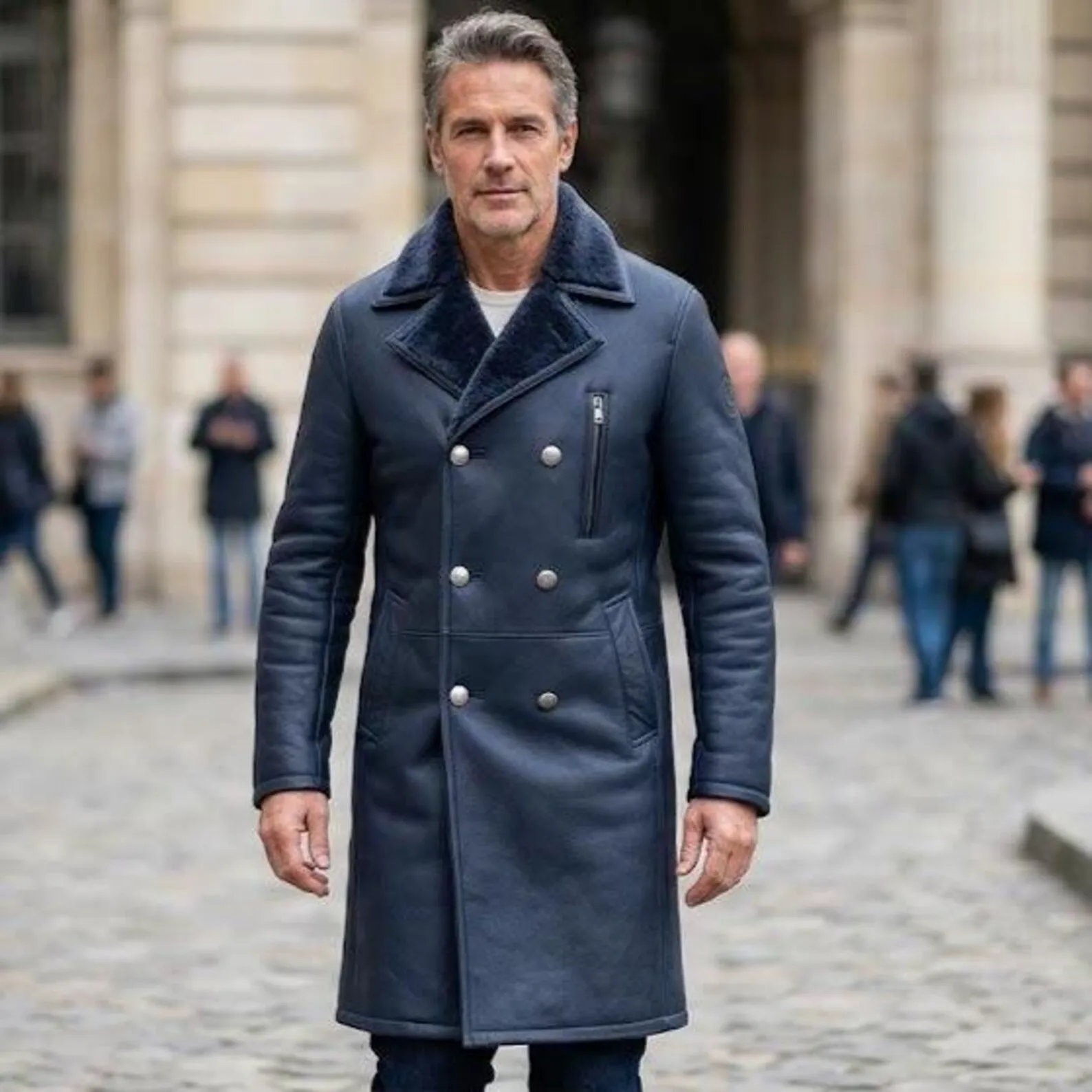 men's navy leather shearling coat front view collar