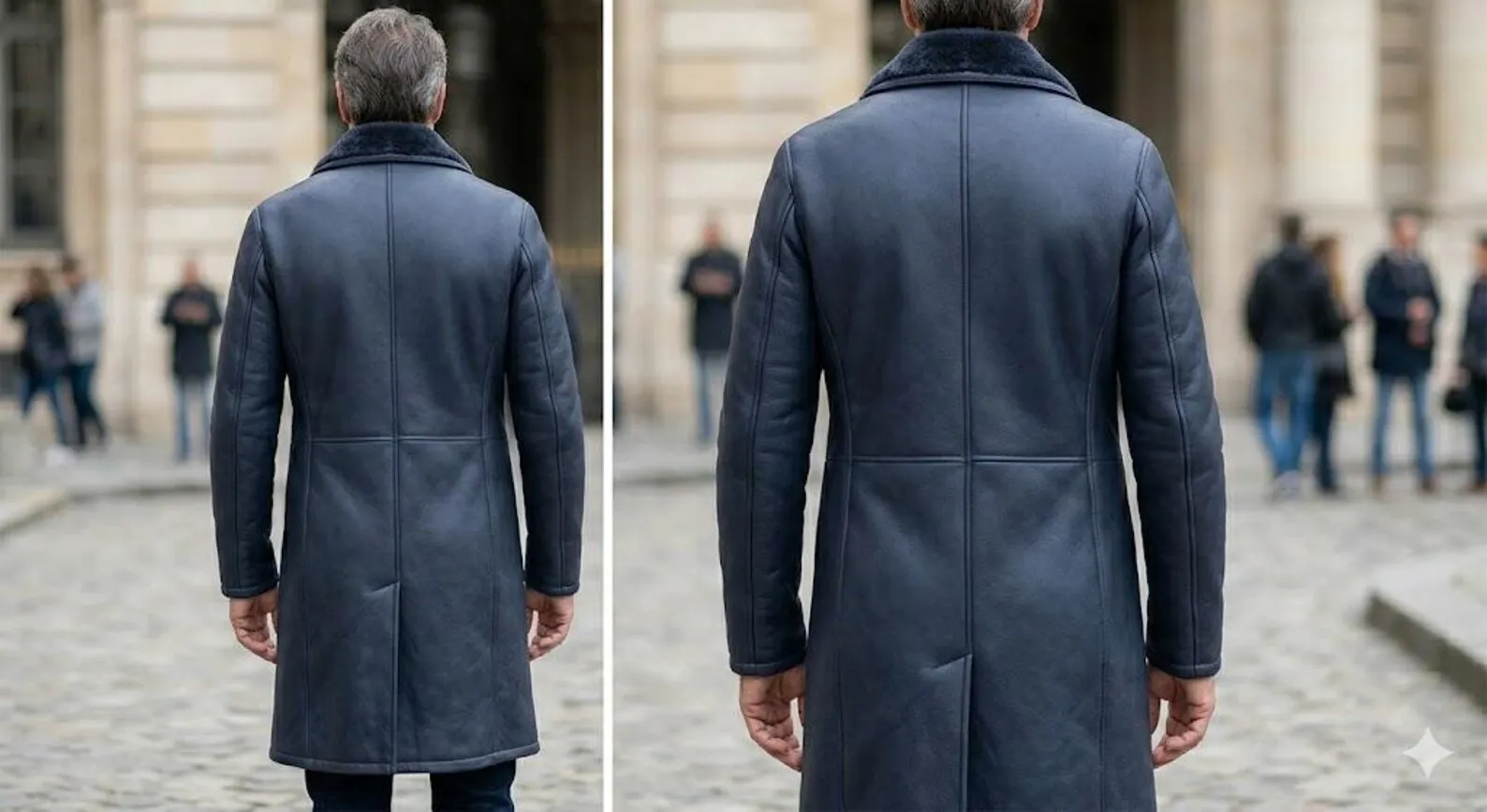 men's navy leather shearling coat back view seaming
