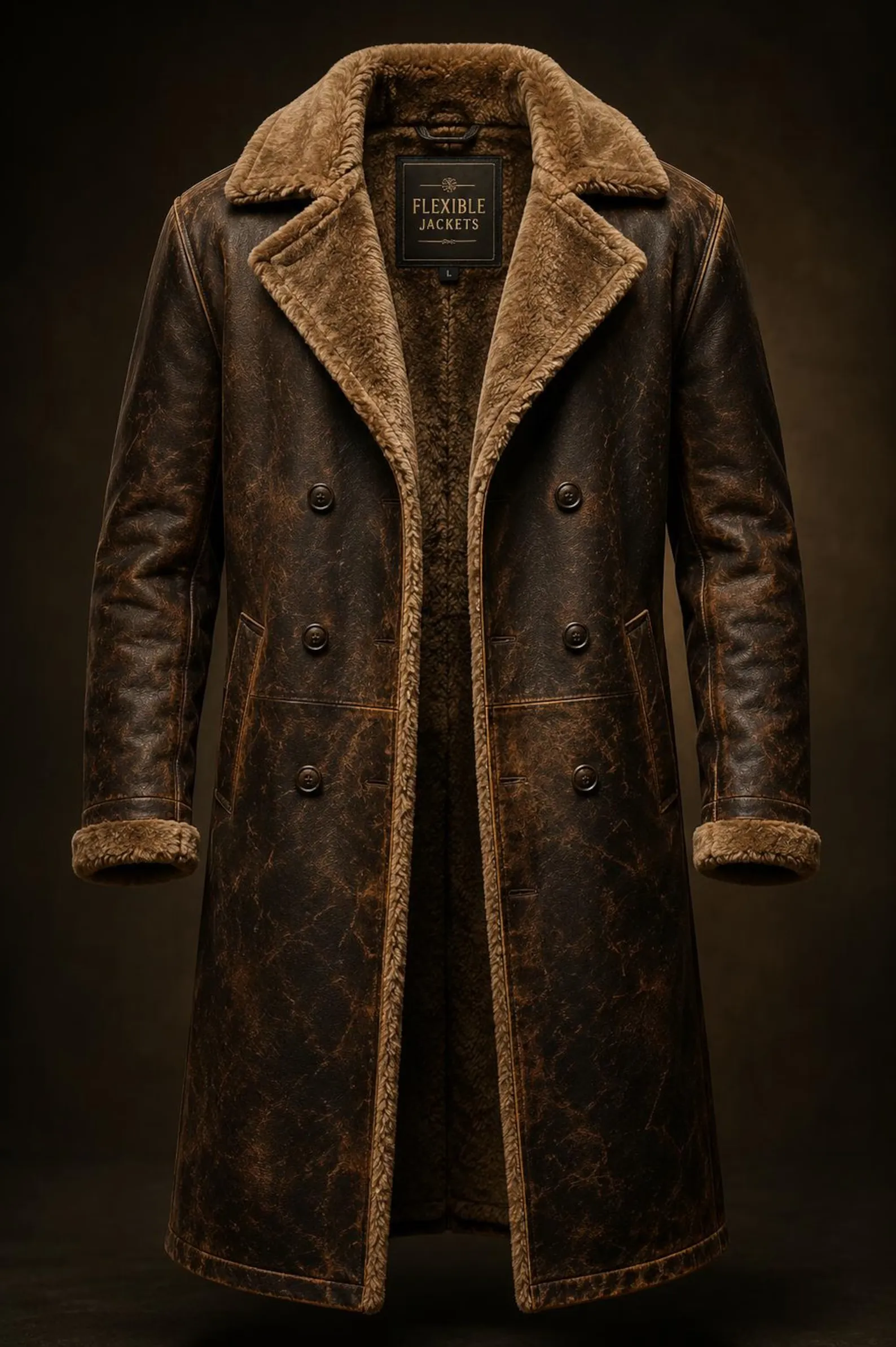 Men's brown distressed leather long coat with shearling collar, Flexible Jackets