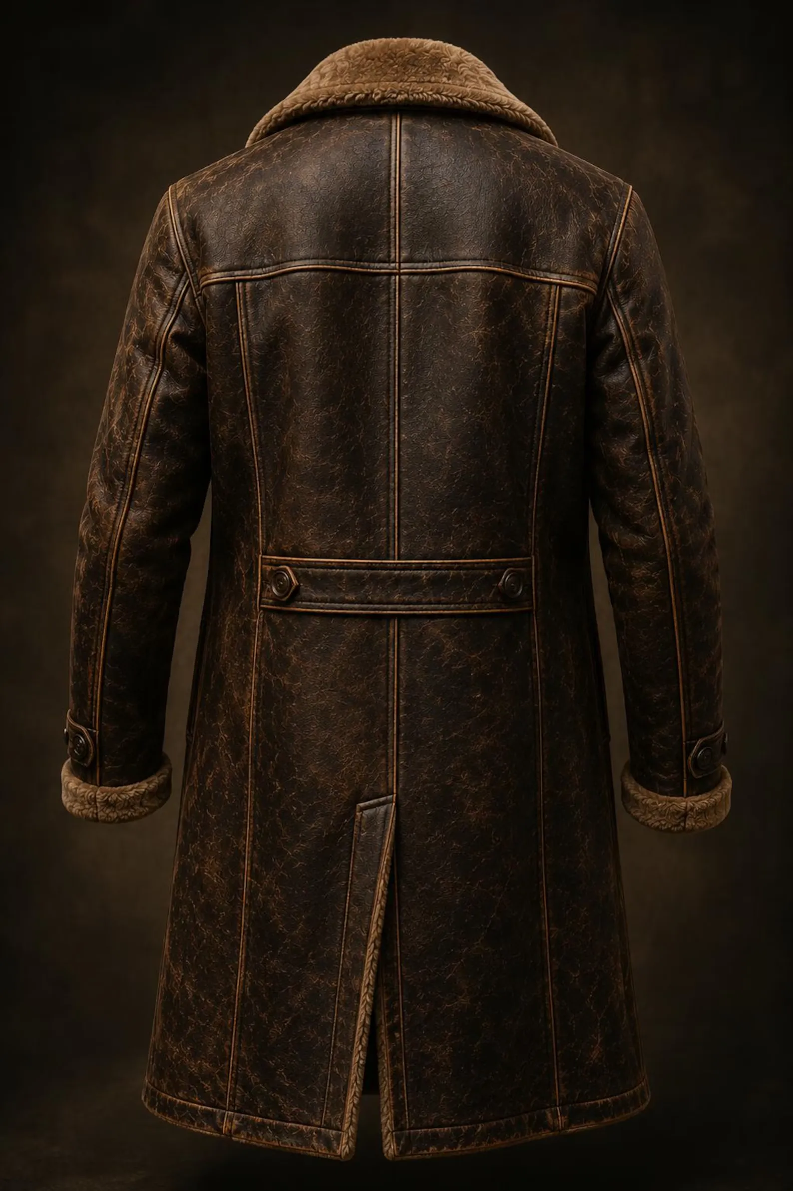 Men's brown distressed leather long coat with shearling collar, Flexible Jackets