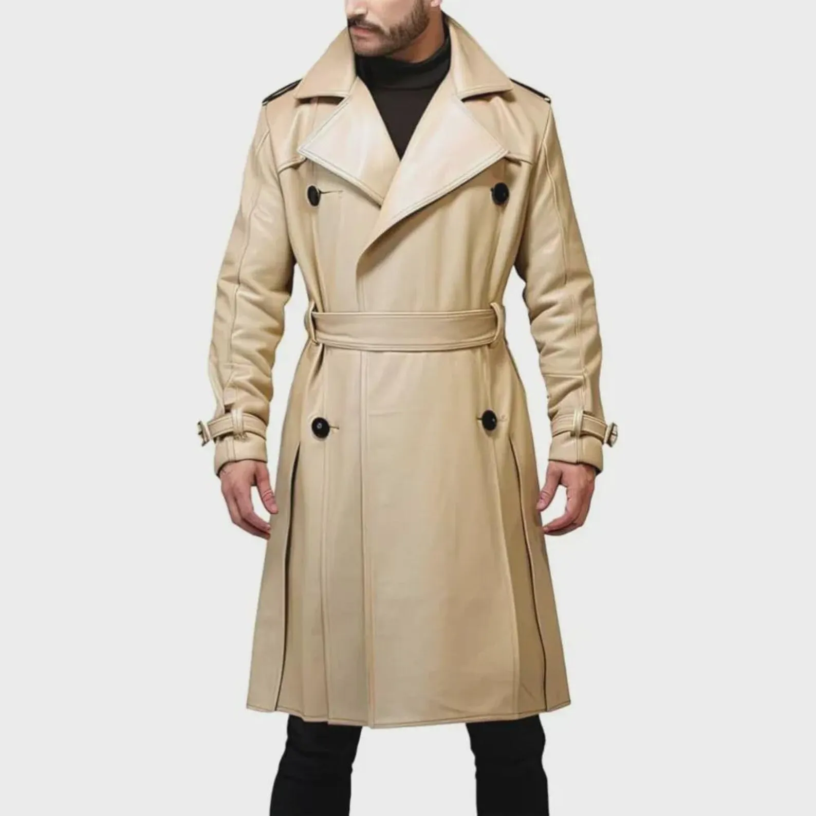 Men's leather trench coat, belted tan, double-breasted front view