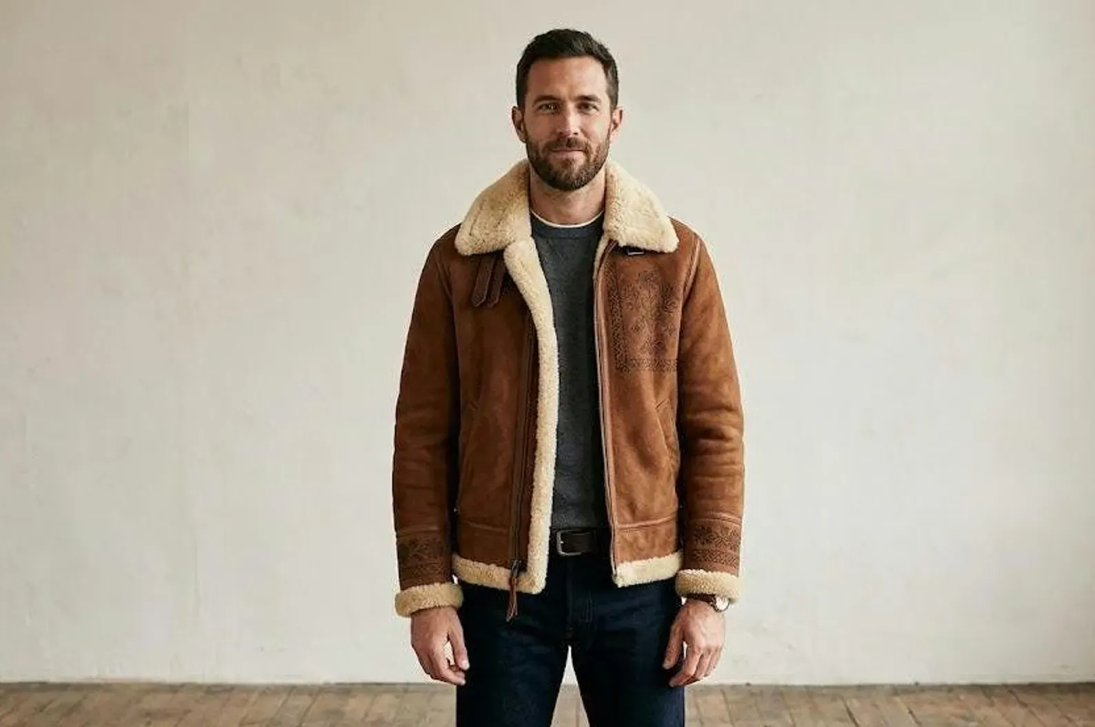 Men's faux suede shearling jacket, tan with cream trim, front view