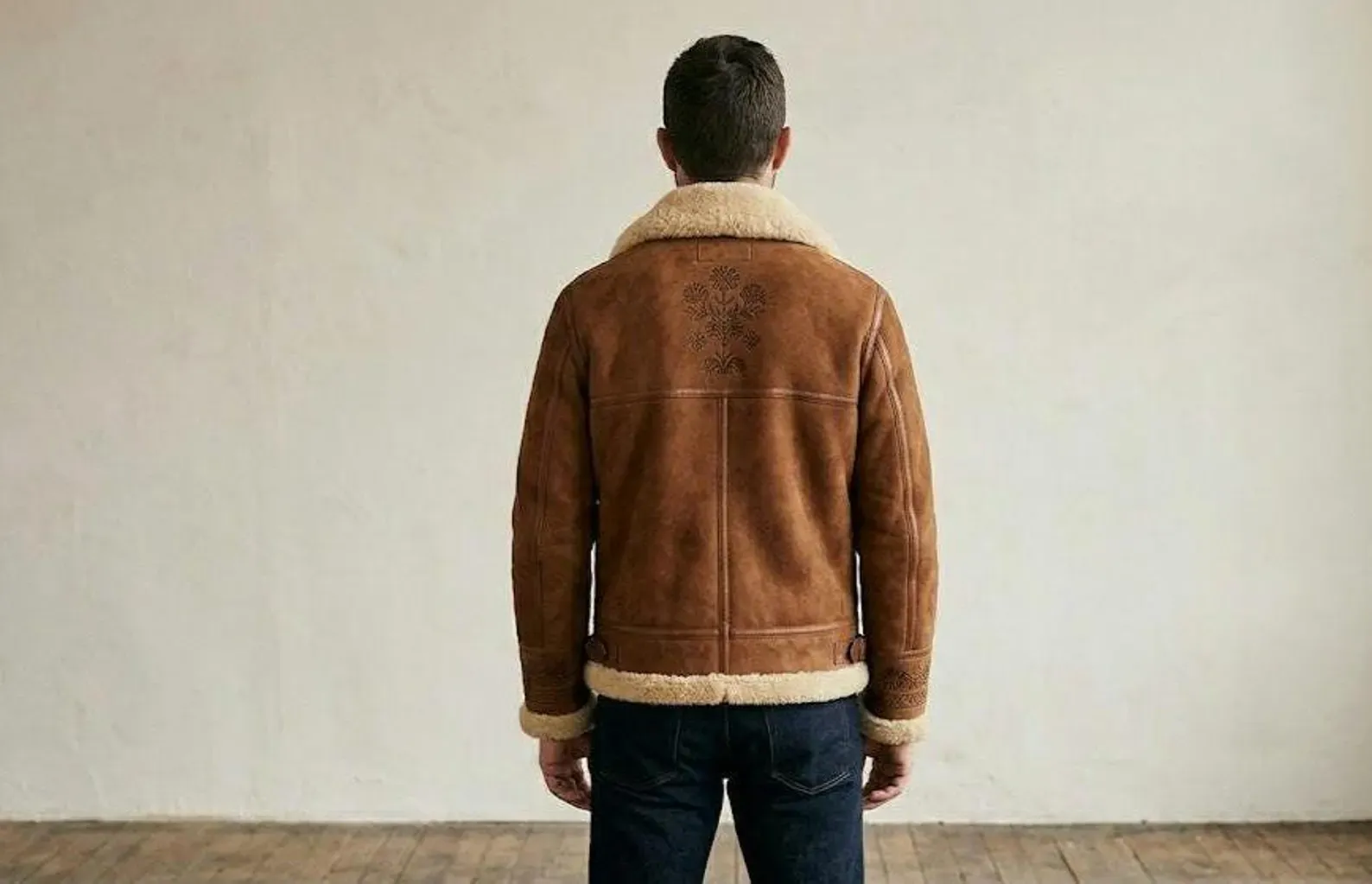 Men's faux suede shearling jacket, tan with cream trim, front view