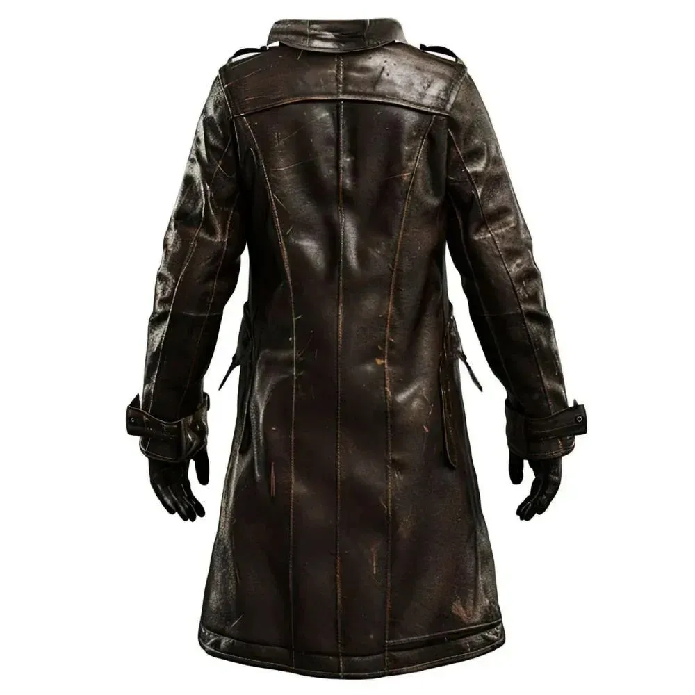 Men's hooded leather trench coat, distressed brown, front view