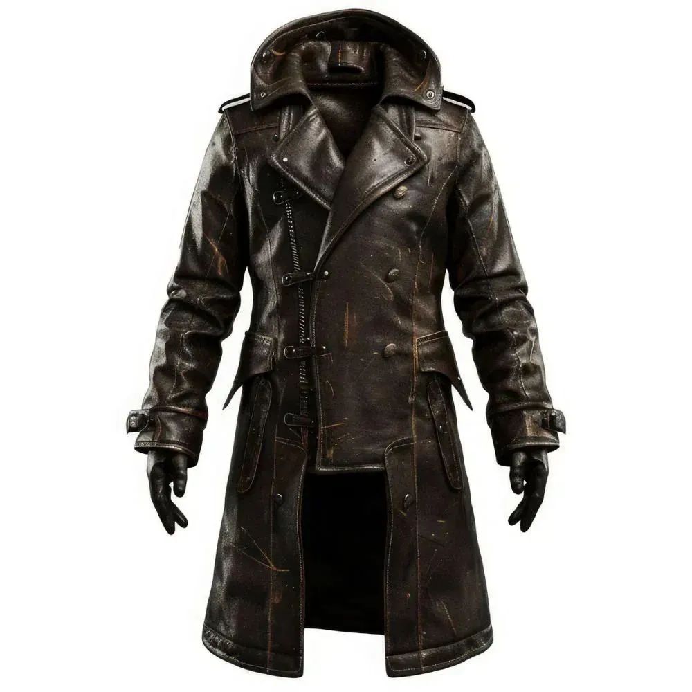 Men's hooded leather trench coat, distressed brown, front view