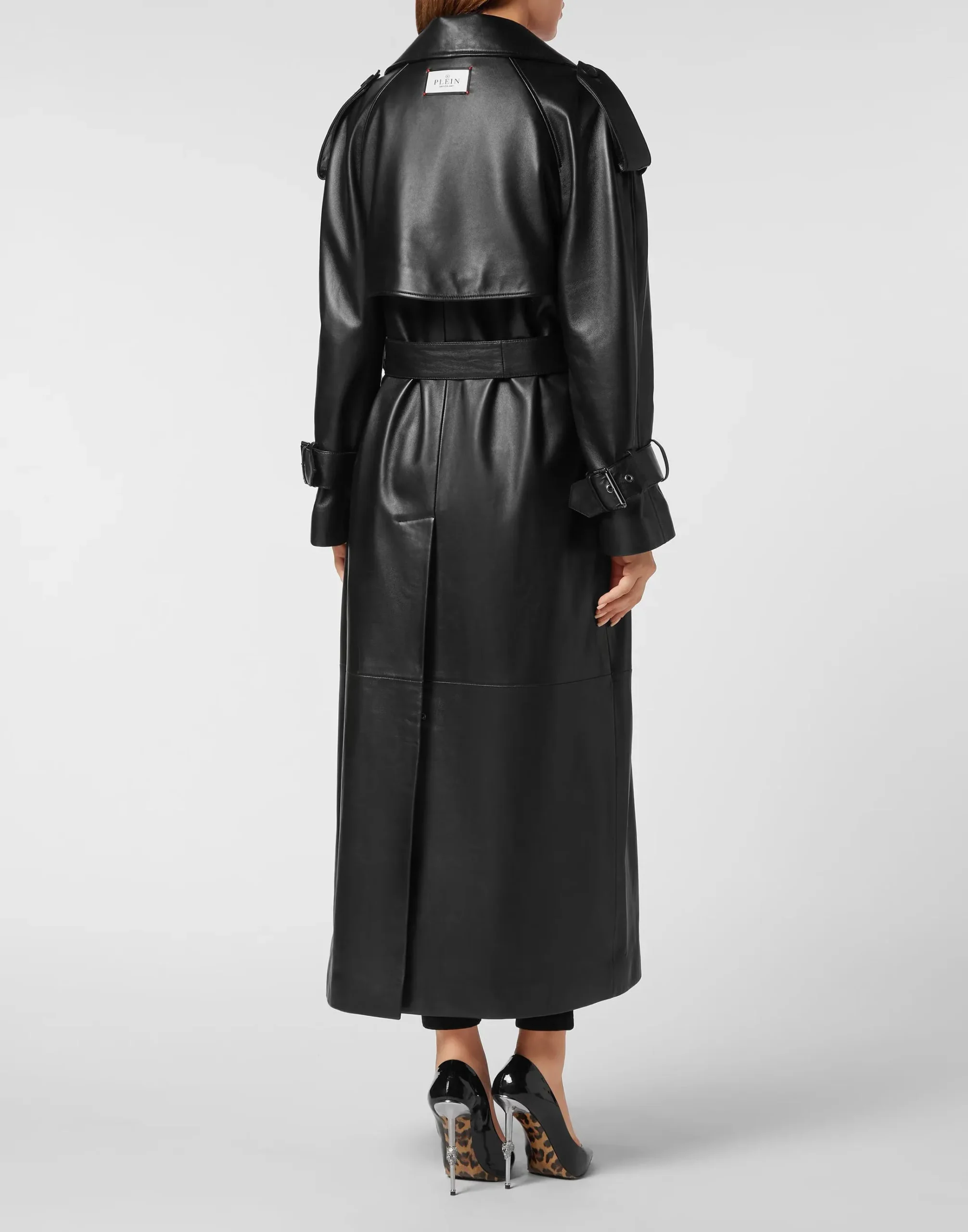 Men's black leather trench coat with printed lining, front view