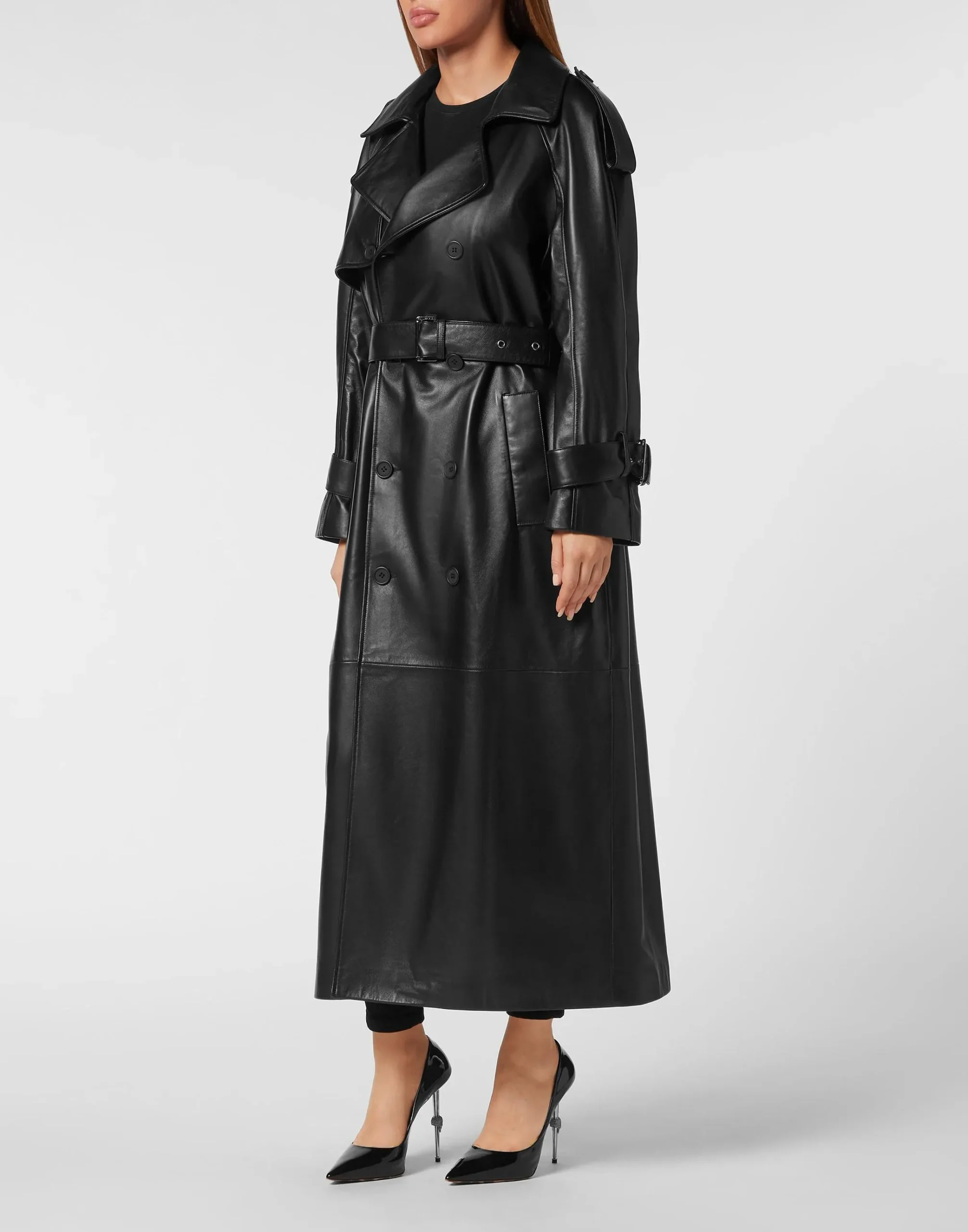 Men's black leather trench coat with printed lining, front view