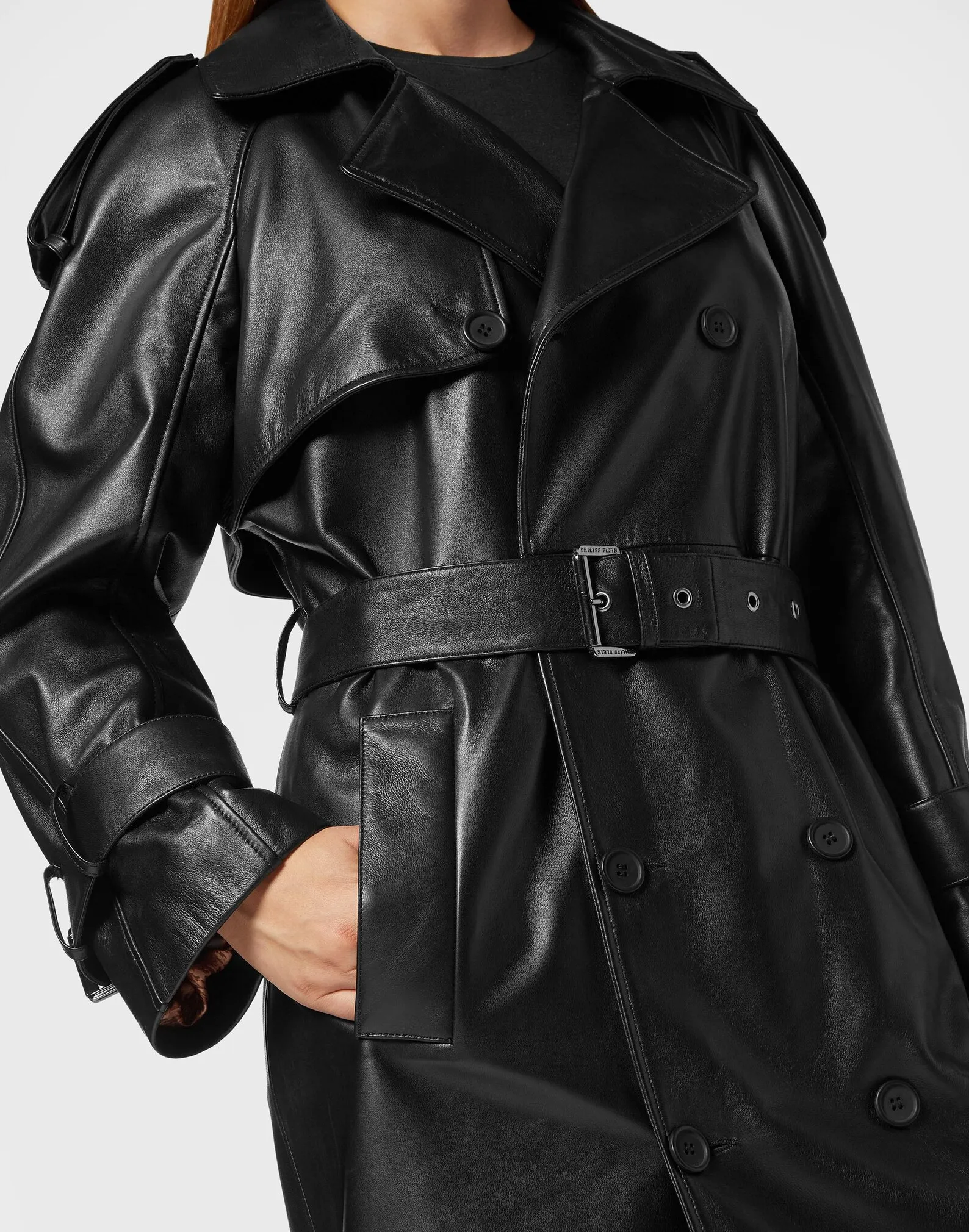 Men's black leather trench coat with printed lining, front view