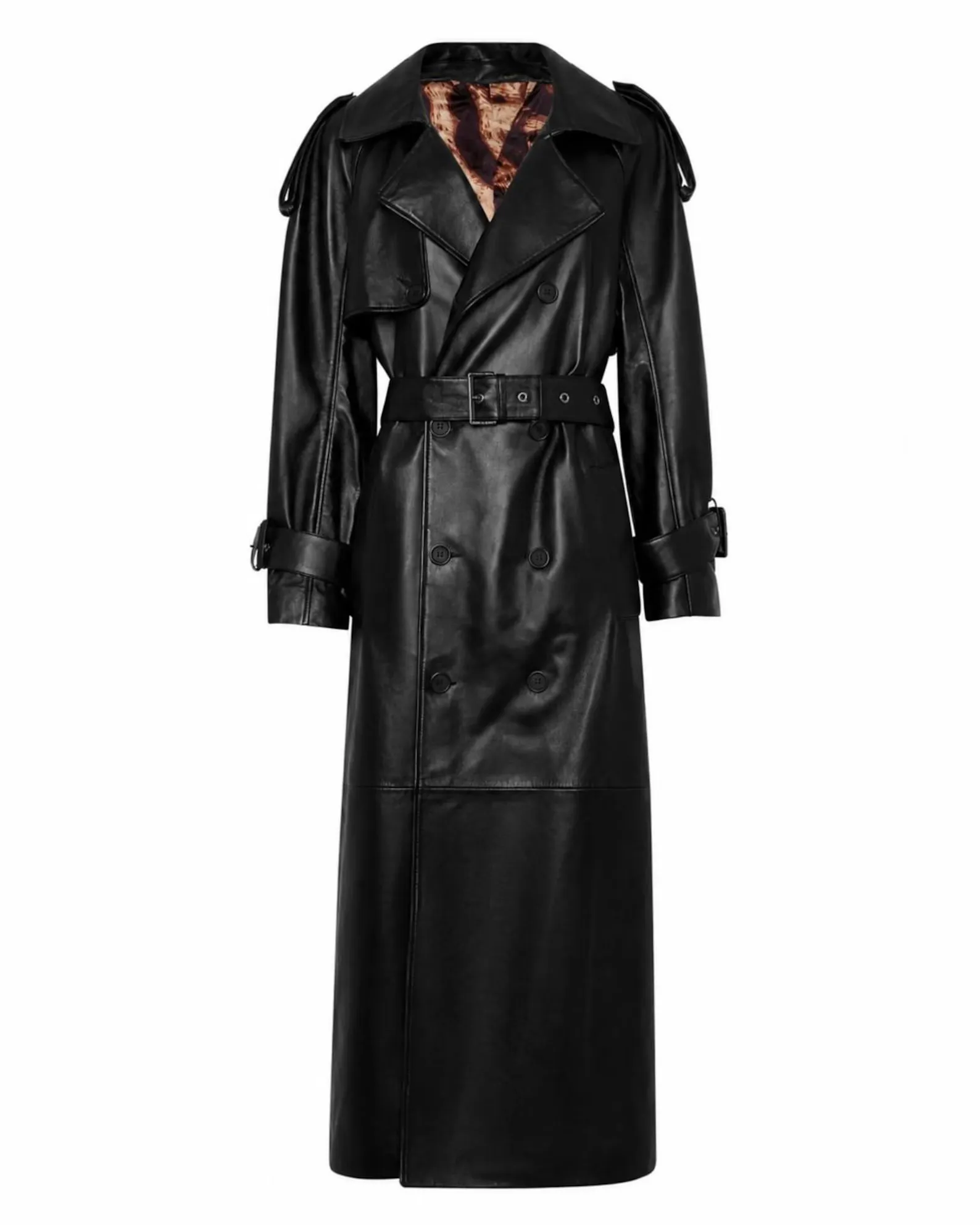 Men's black leather trench coat with printed lining, front view