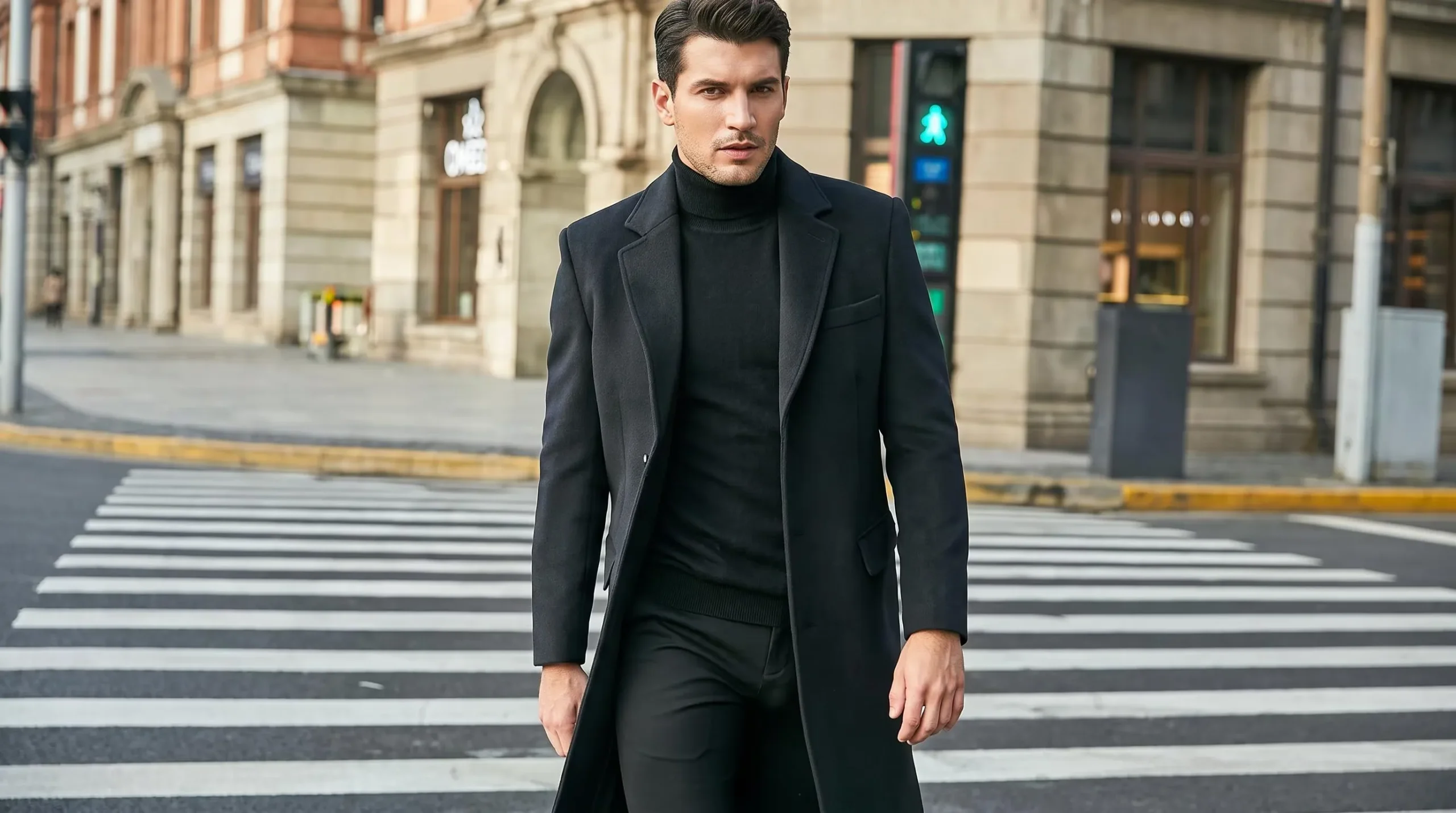 Men's black wool-blend overcoat, tailored fit, street style