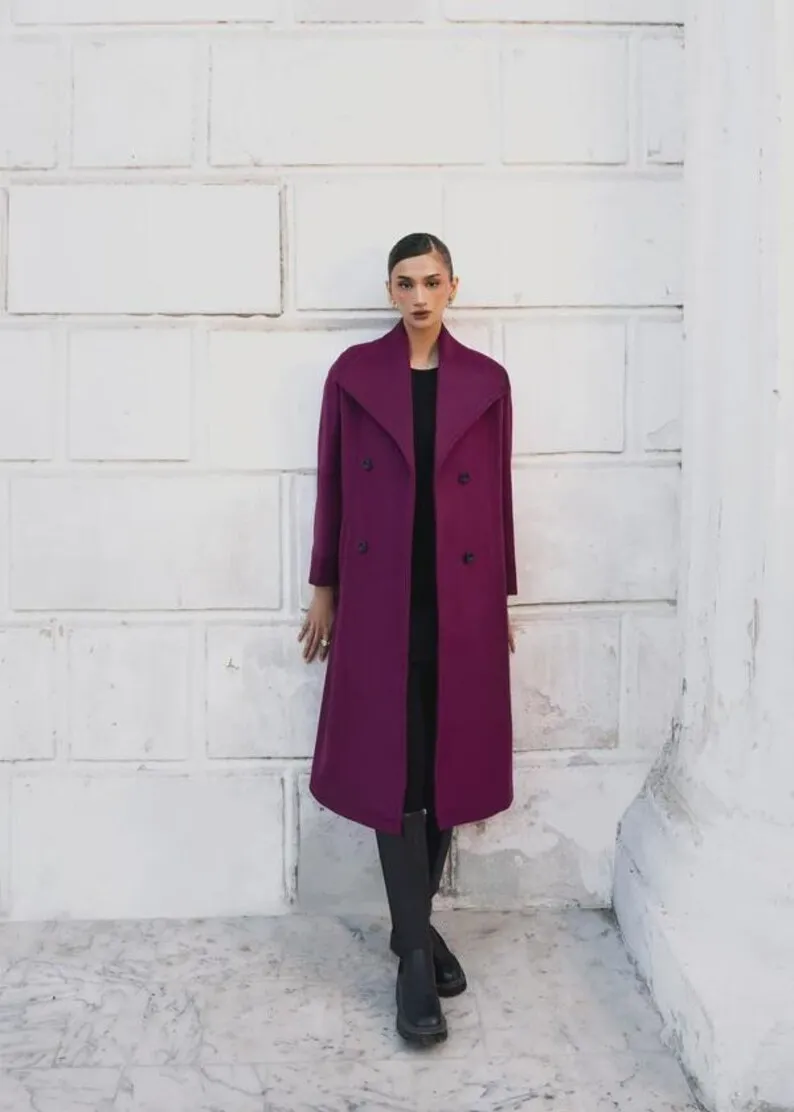 Womens wool blend double breasted coat, magenta, front view