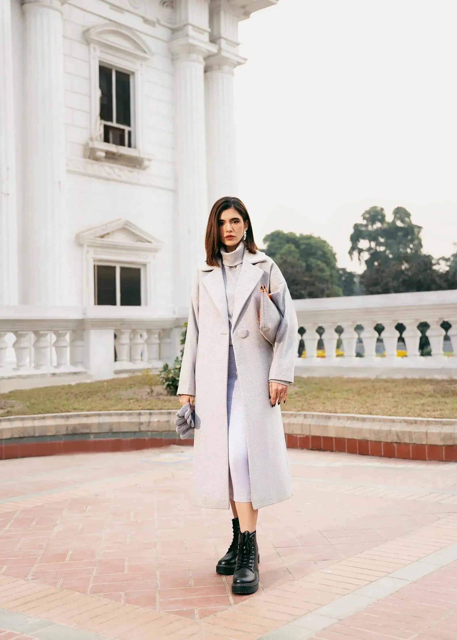 Womens single button statement coat, grey, front view