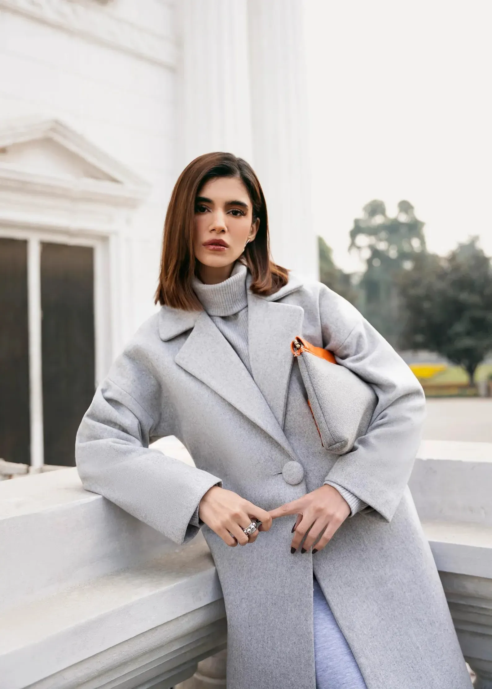 Womens single button statement coat, grey, front view
