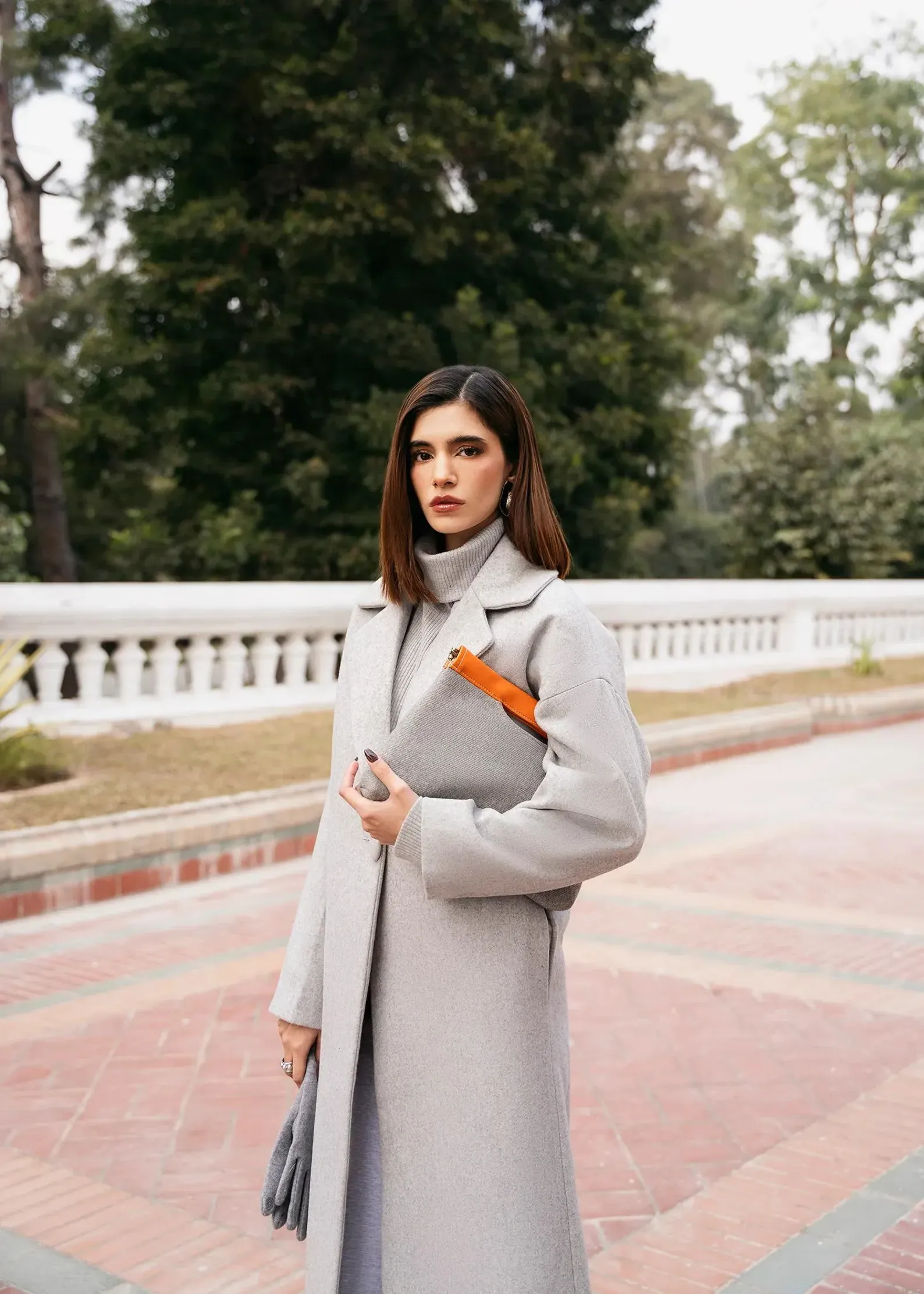 Womens single button statement coat, grey, front view