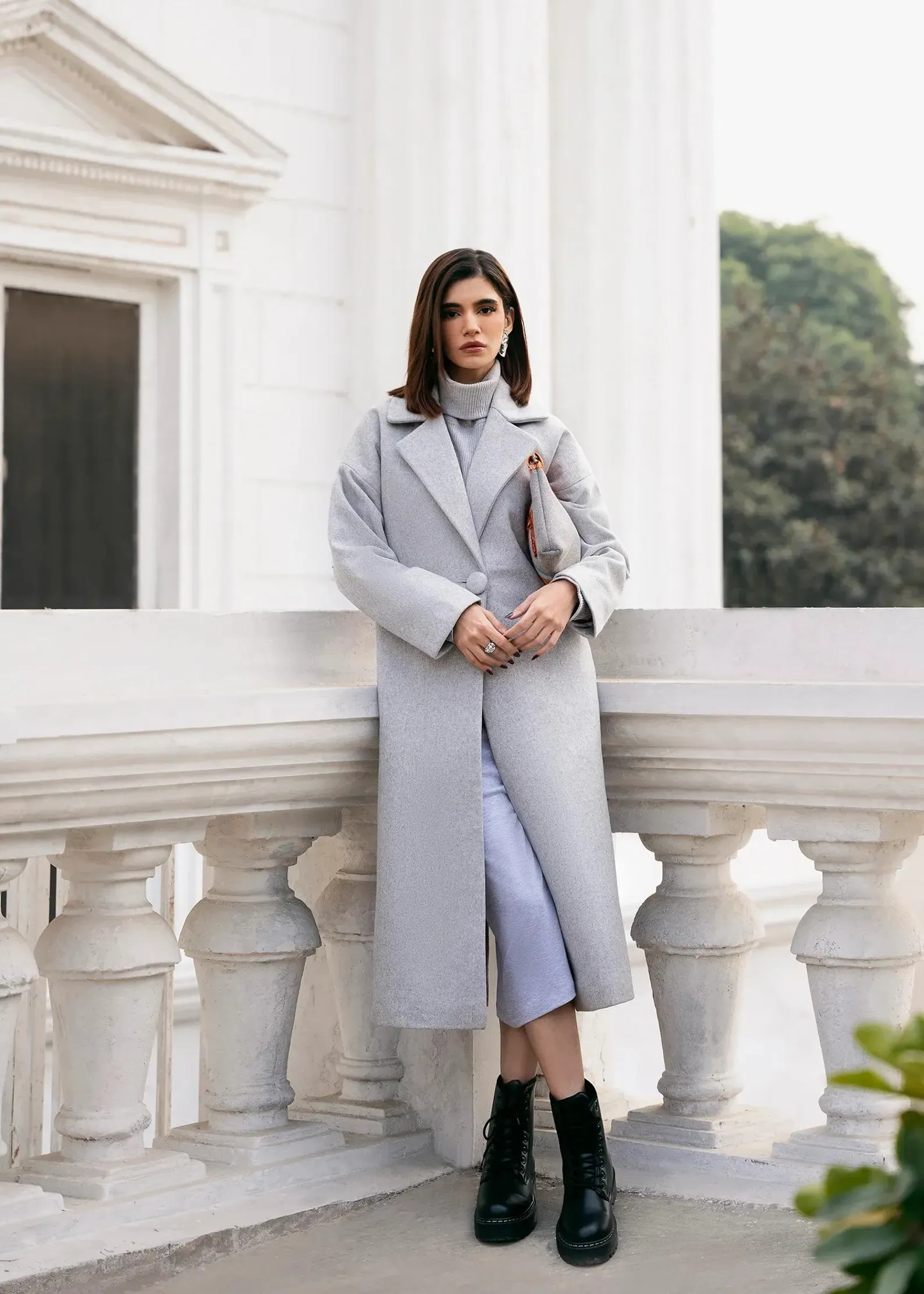 Womens single button statement coat, grey, front view