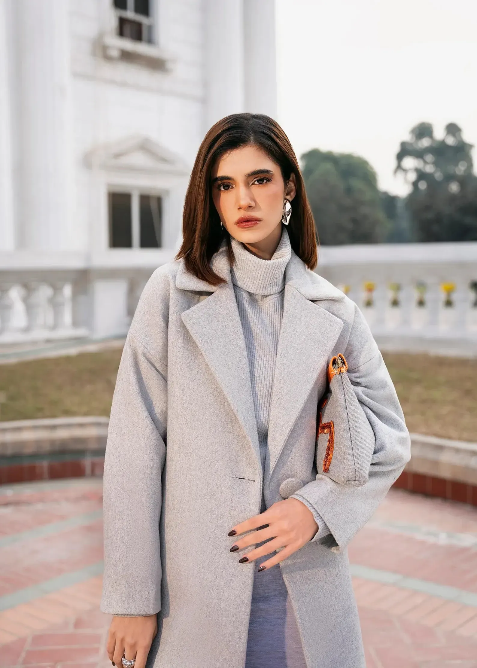 Womens single button statement coat, grey, front view