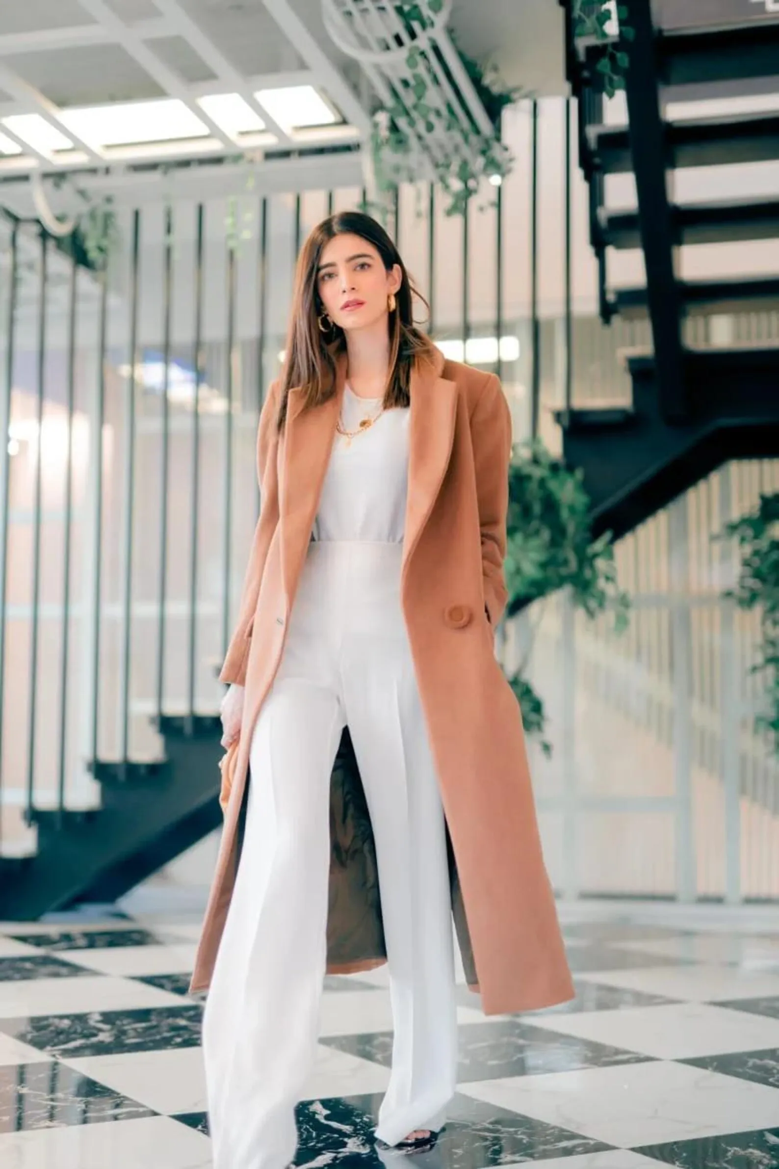 Womens tailored camel wool coat, knee-length, front view
