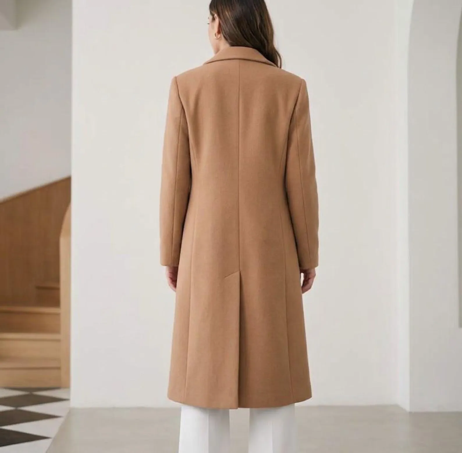 Womens tailored camel wool coat, knee-length, front view