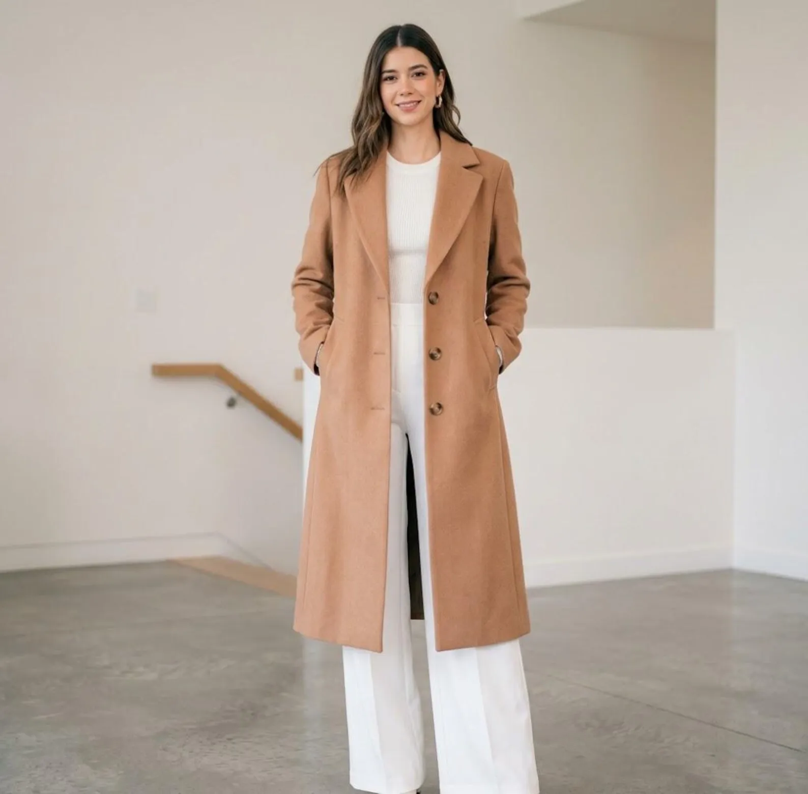 Womens tailored camel wool coat, knee-length, front view