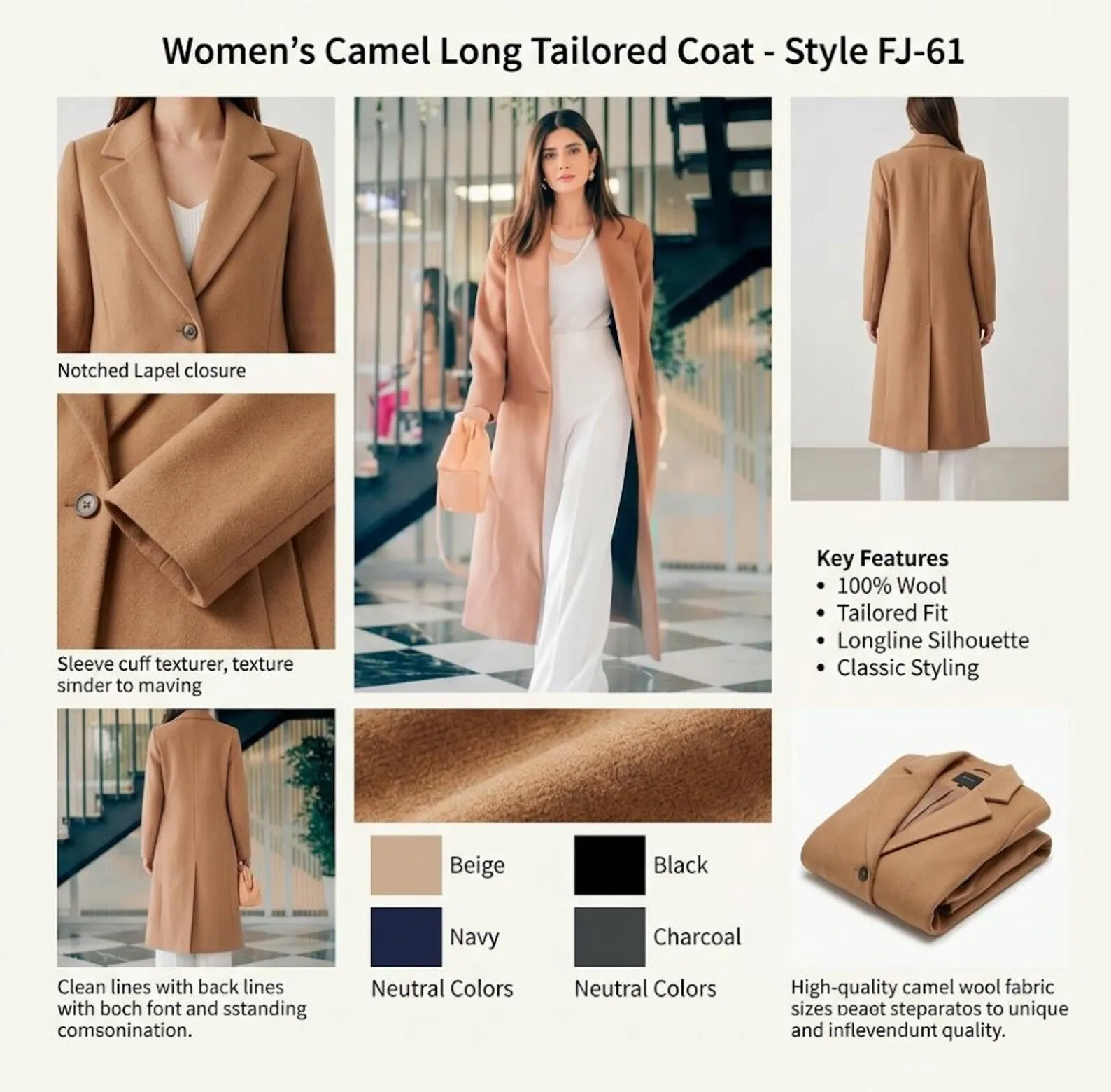 Womens tailored camel wool coat, knee-length, front view