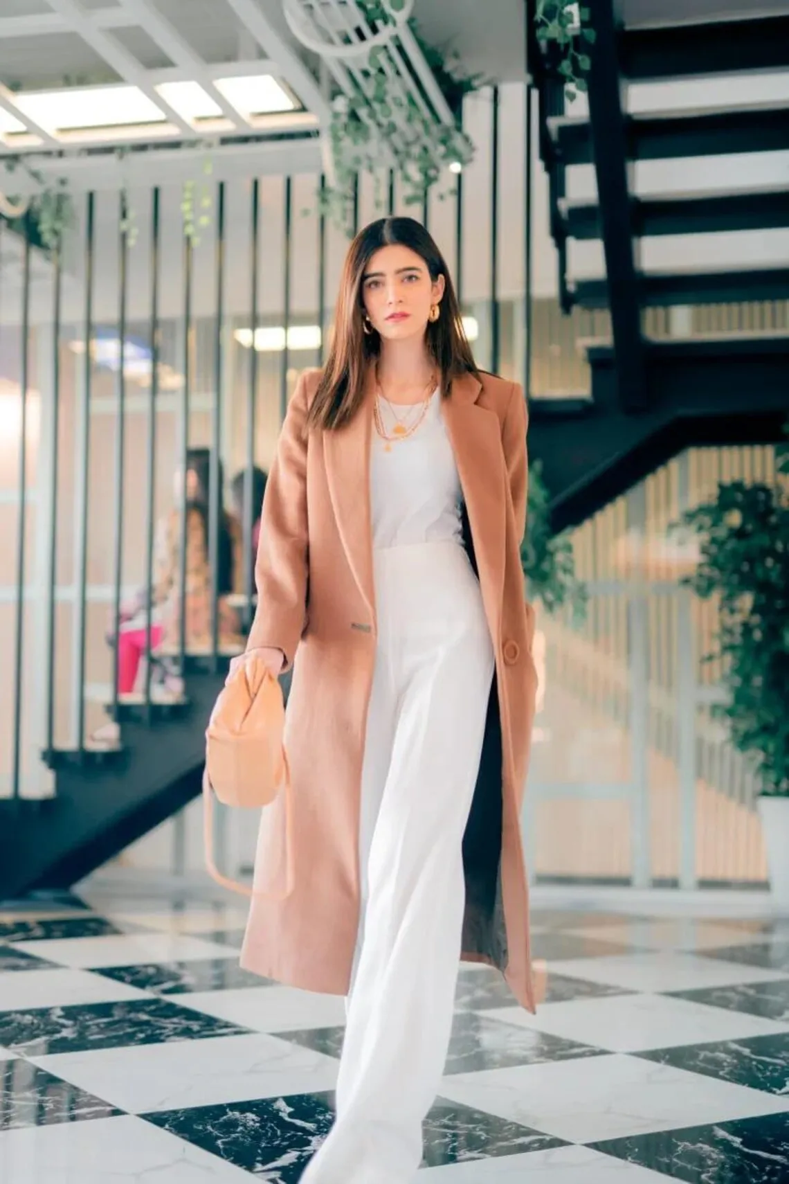 Womens tailored camel wool coat, knee-length, front view