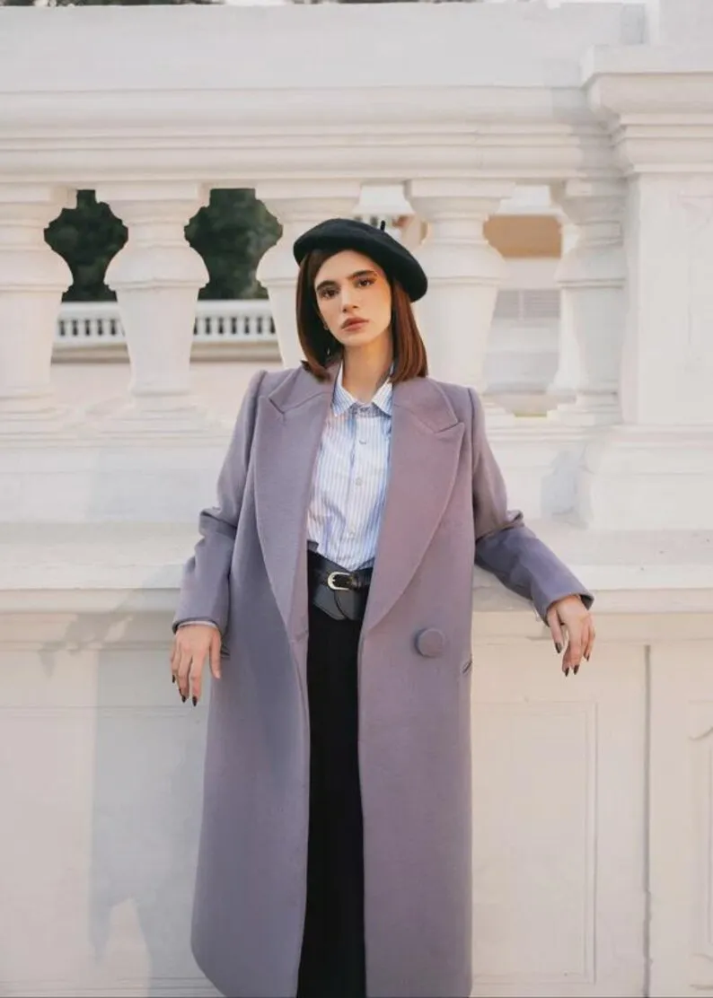 Womens lavender wide lapel coat, long, front view