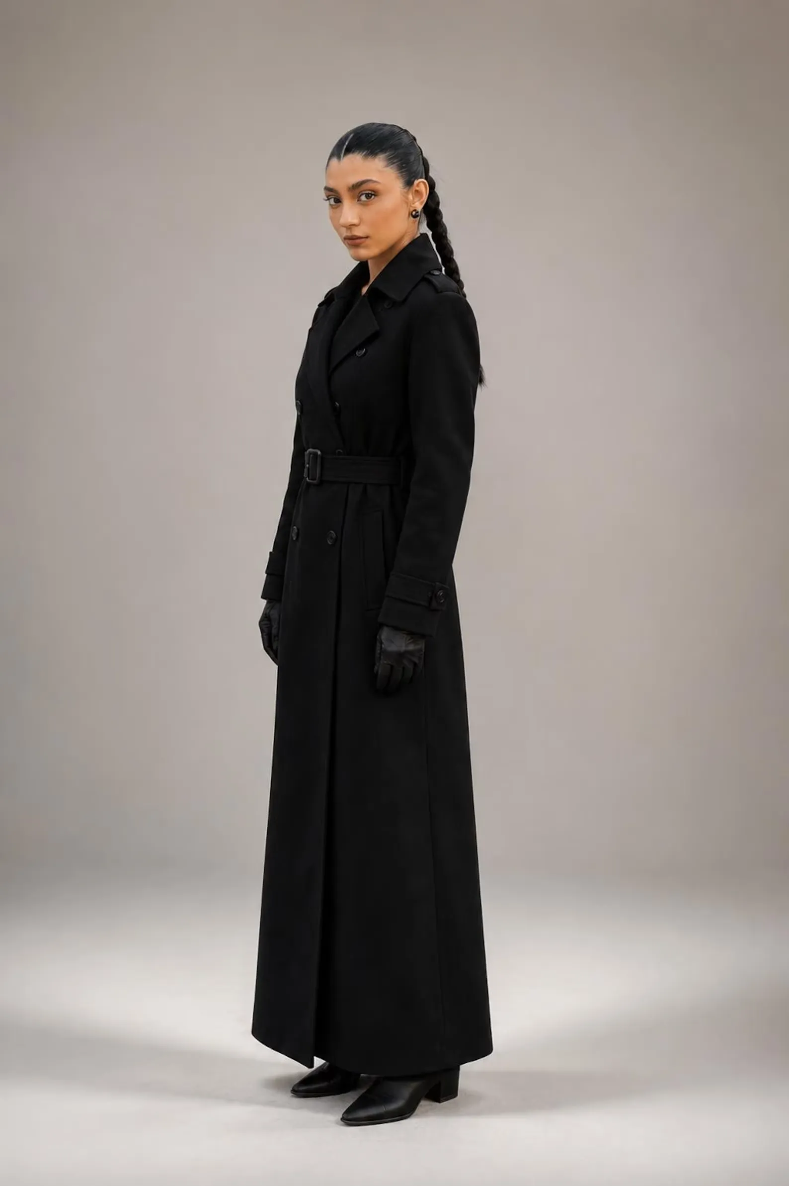 Womens floor length trench coat, black, side view