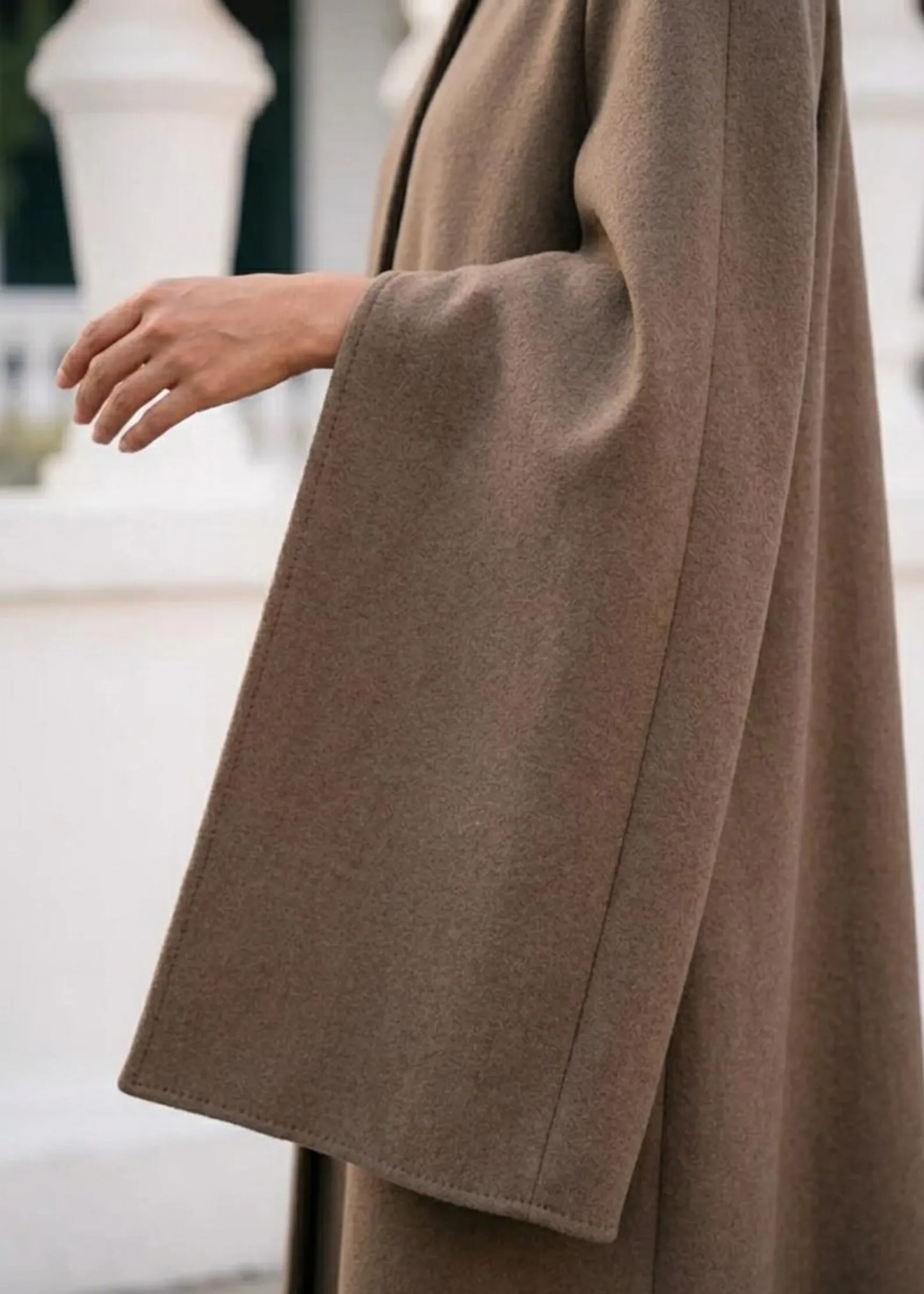 Womens wool cape coat, taupe, sleeveless silhouette