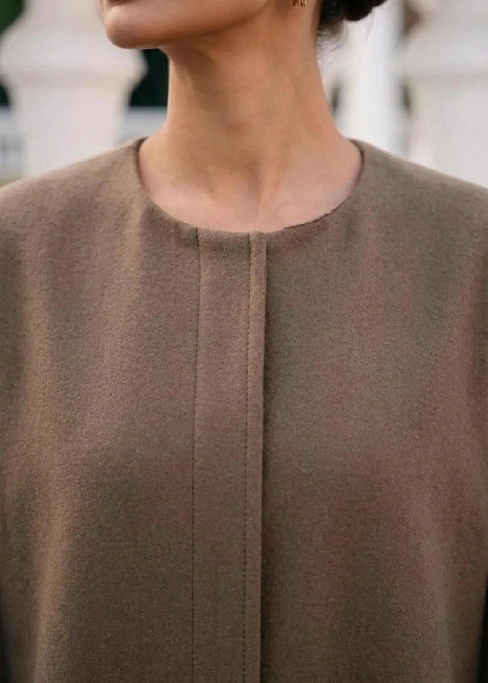 Womens wool cape coat, taupe, sleeveless silhouette