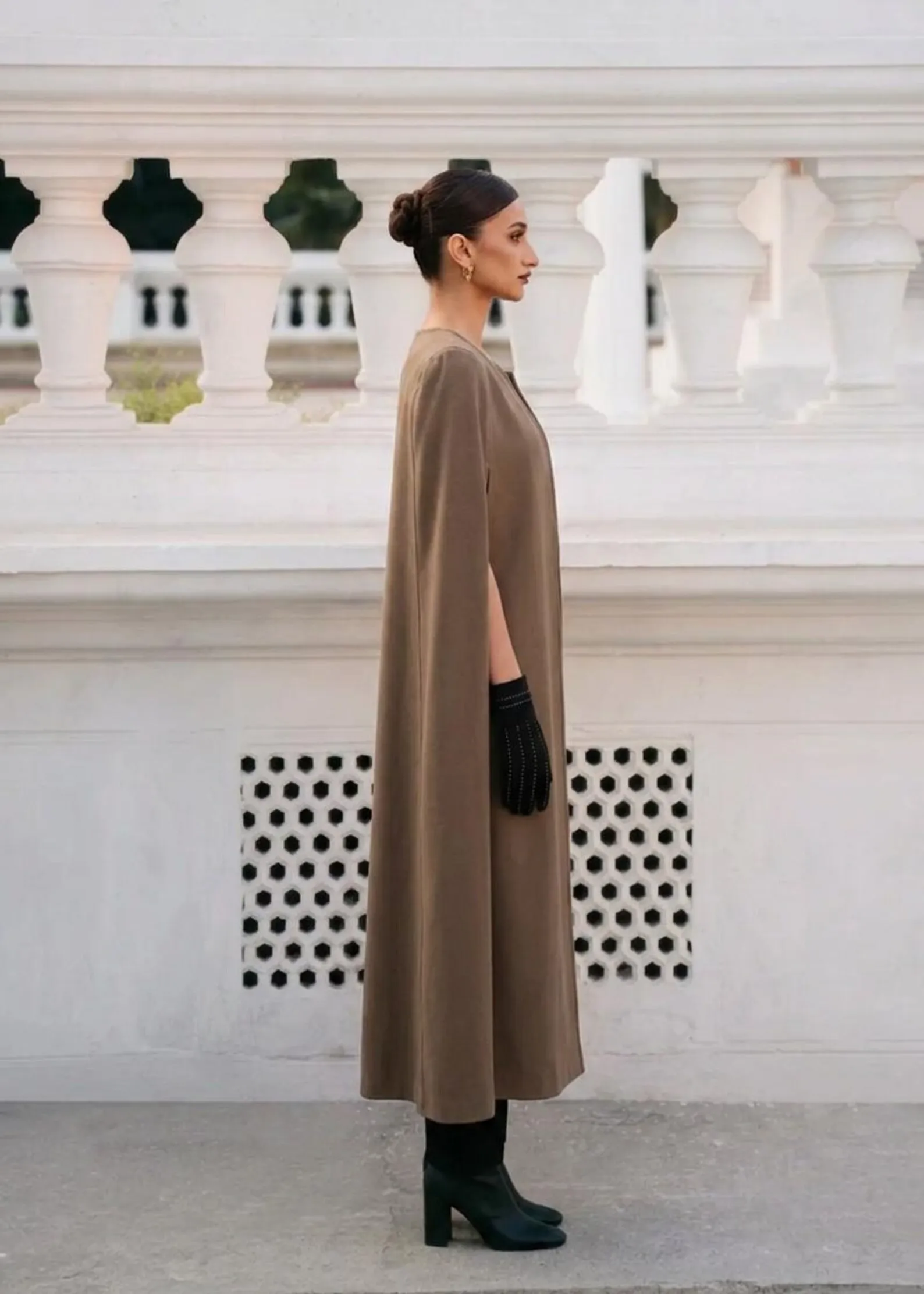 Womens wool cape coat, taupe, sleeveless silhouette