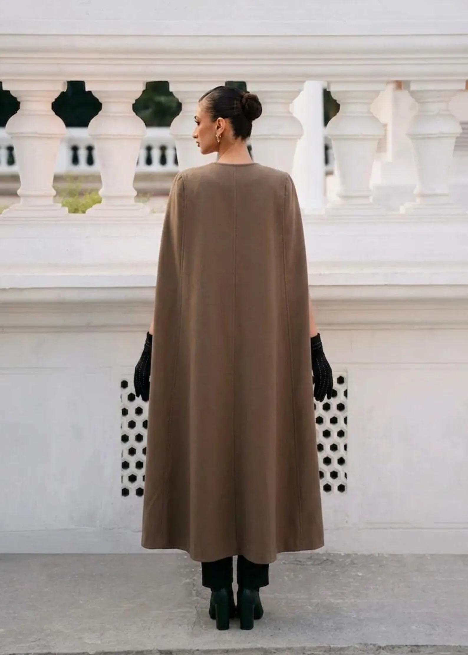 Womens wool cape coat, taupe, sleeveless silhouette