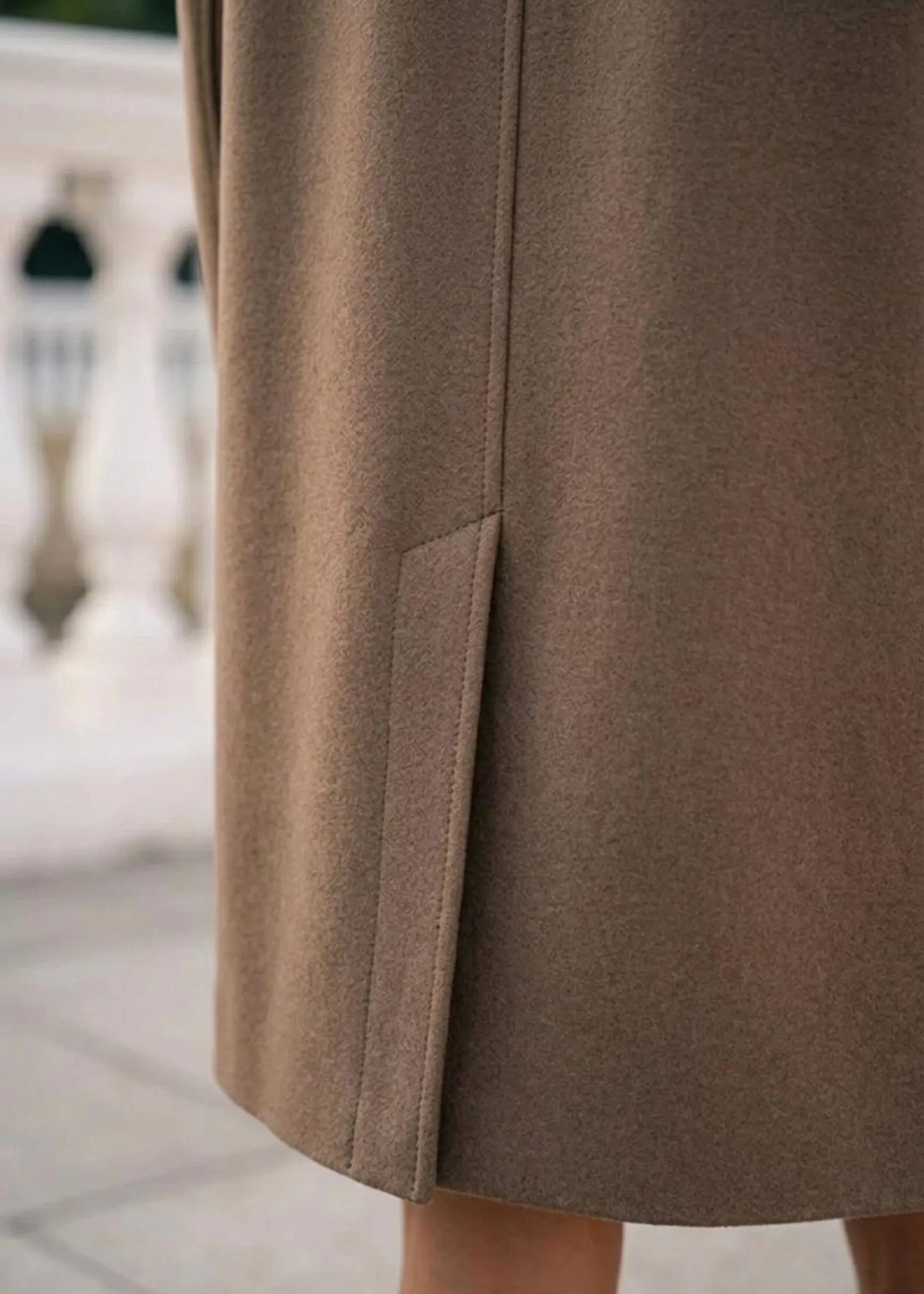 Womens wool cape coat, taupe, sleeveless silhouette
