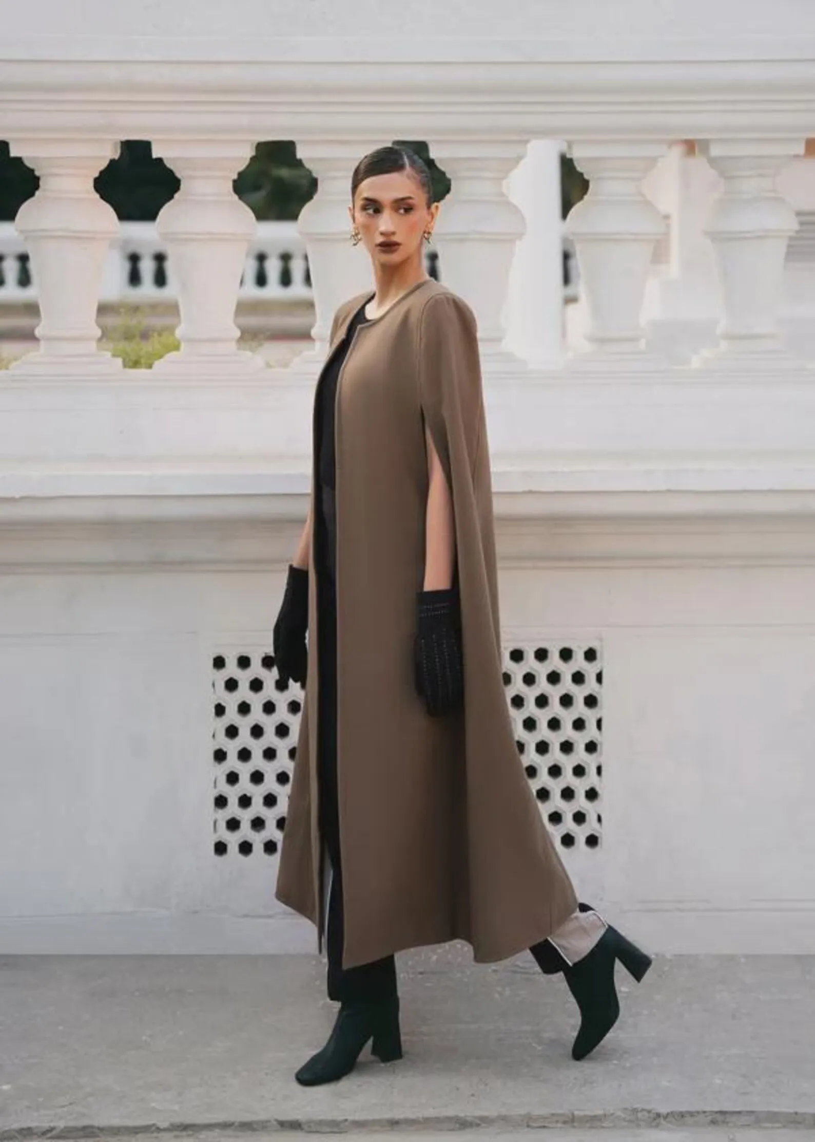 Womens wool cape coat, taupe, sleeveless silhouette