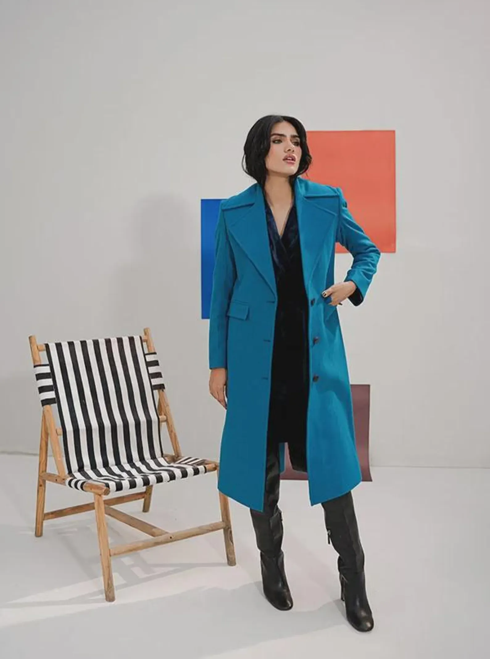 Womens teal wool coat, tailored, knee-length front view