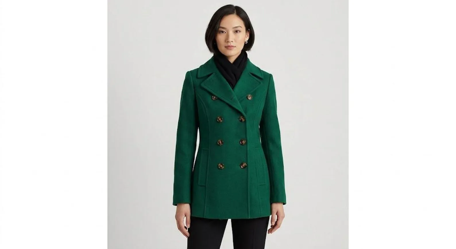 Womens green wool peacoat, double-breasted, front view