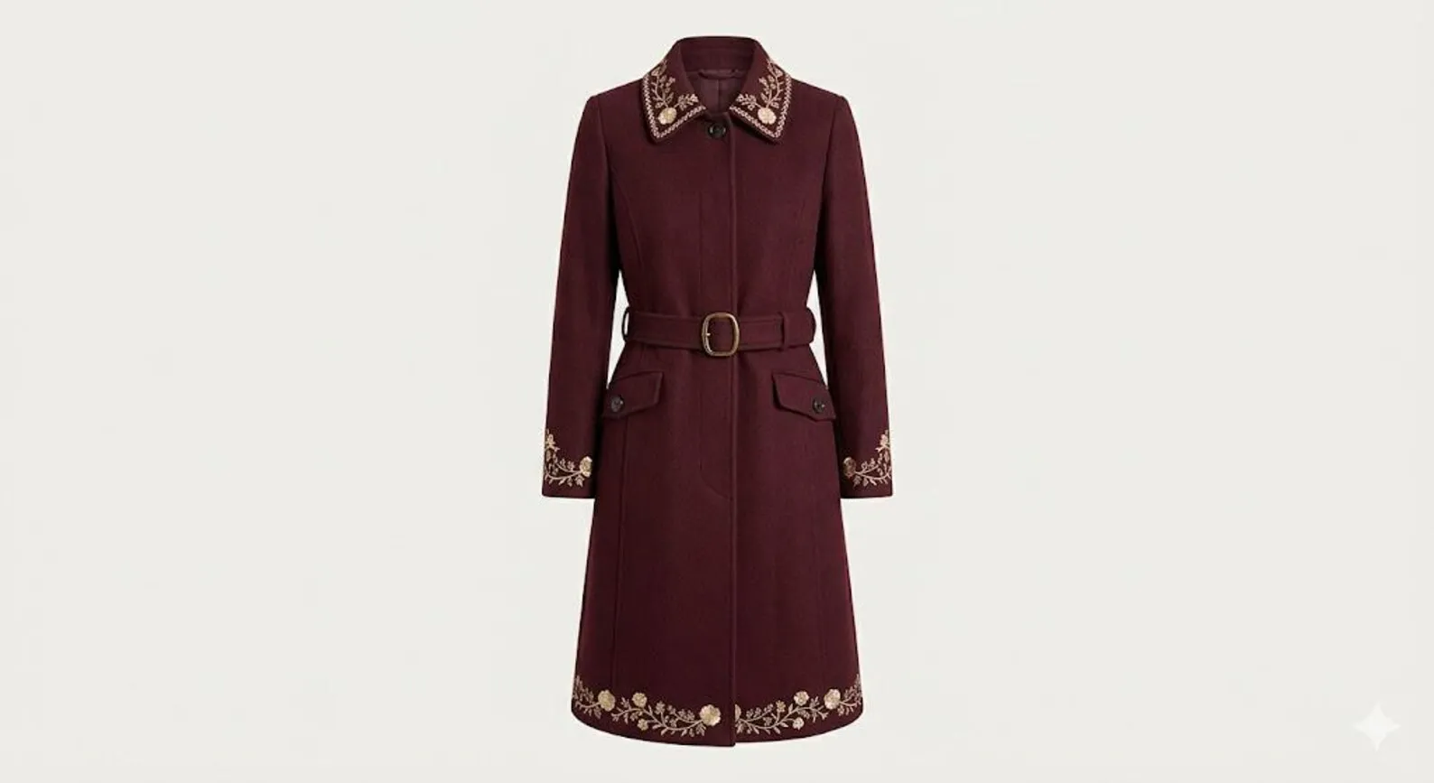 Womens embroidered wool coat, burgundy, floral detailing