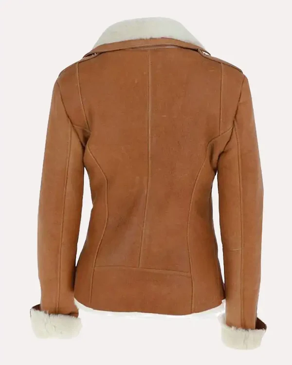 Studio cutout back view of Womens Tan Brown Leather Off White Shearling Biker Jacket