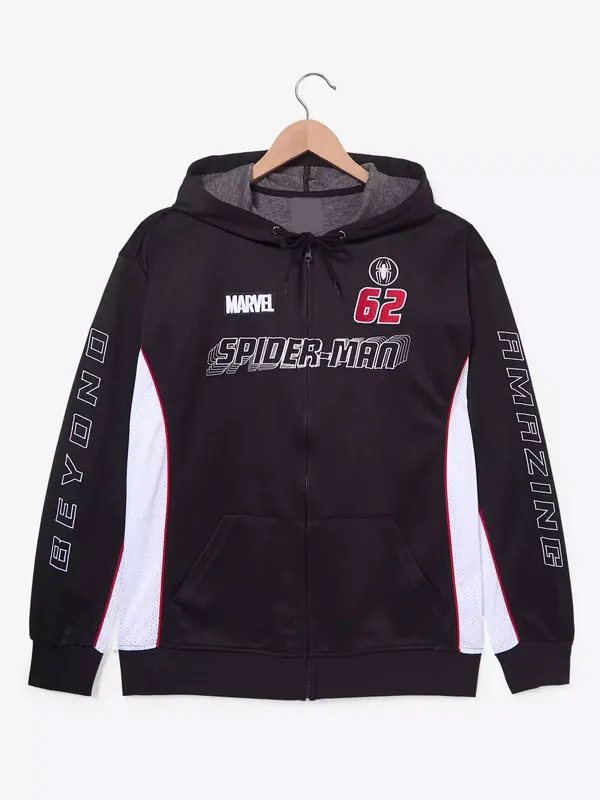 Flat lay front view of Spider-Man Peter Parker Beyond Amazing Mesh Hooded Jacket. Spider-Man Peter Parker Beyond Amazing Mesh Hooded Jacket