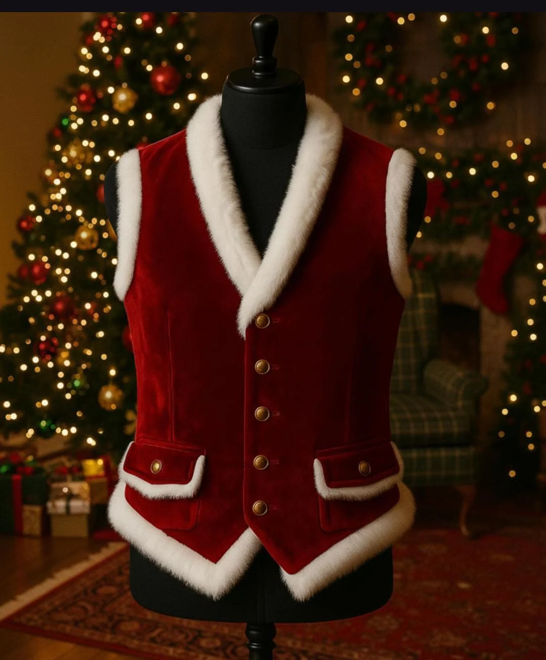 men's red velvet vest front view fur collar