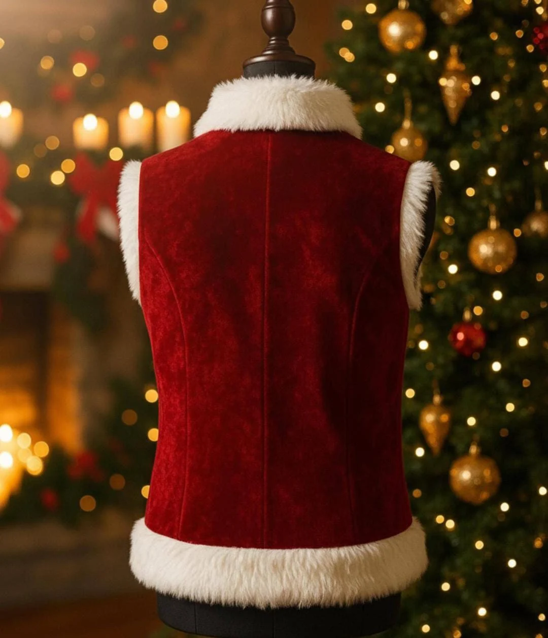 men's red velvet vest back view fur trim